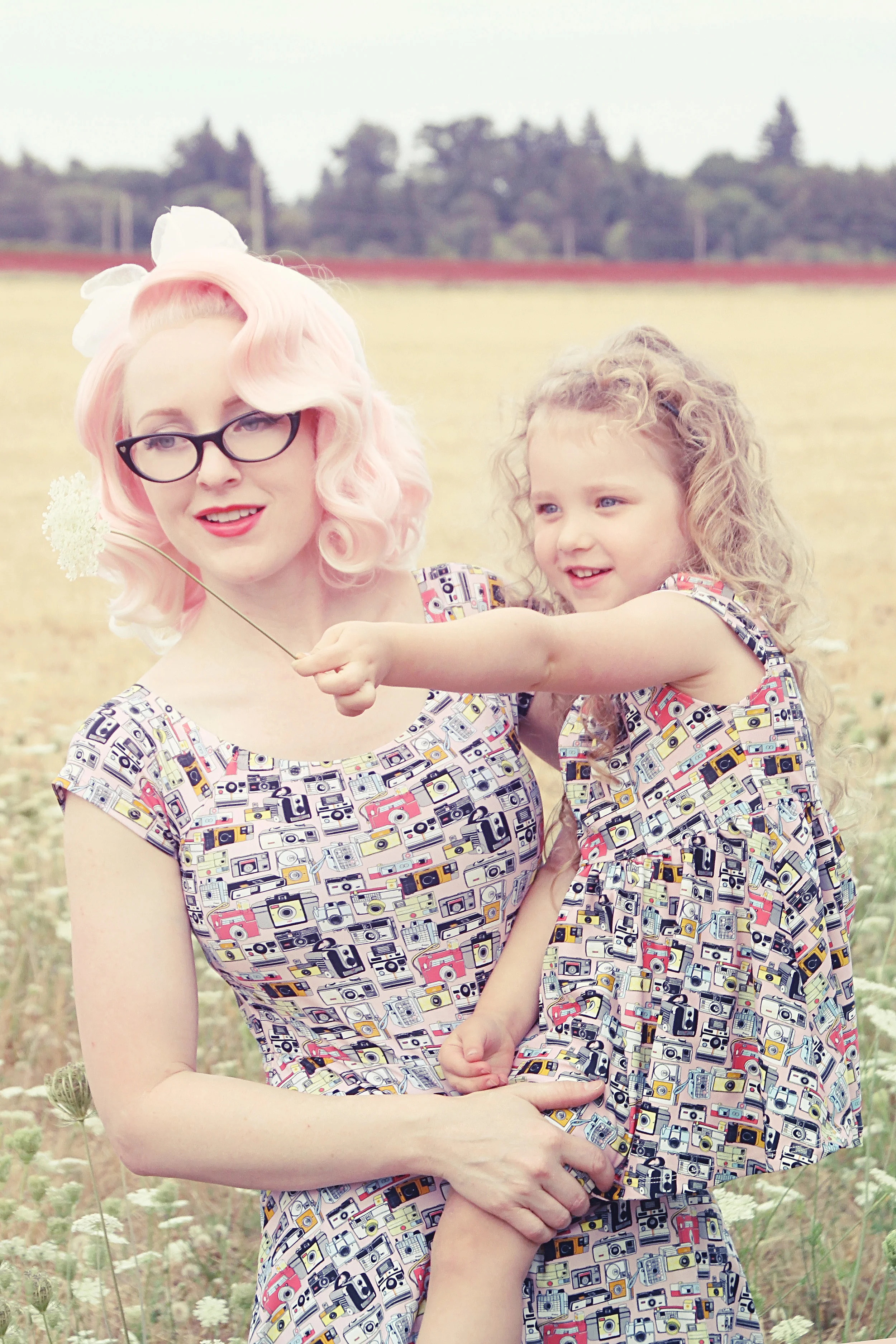 Girls Pink Vintage Camera Print Skater Dress Girls