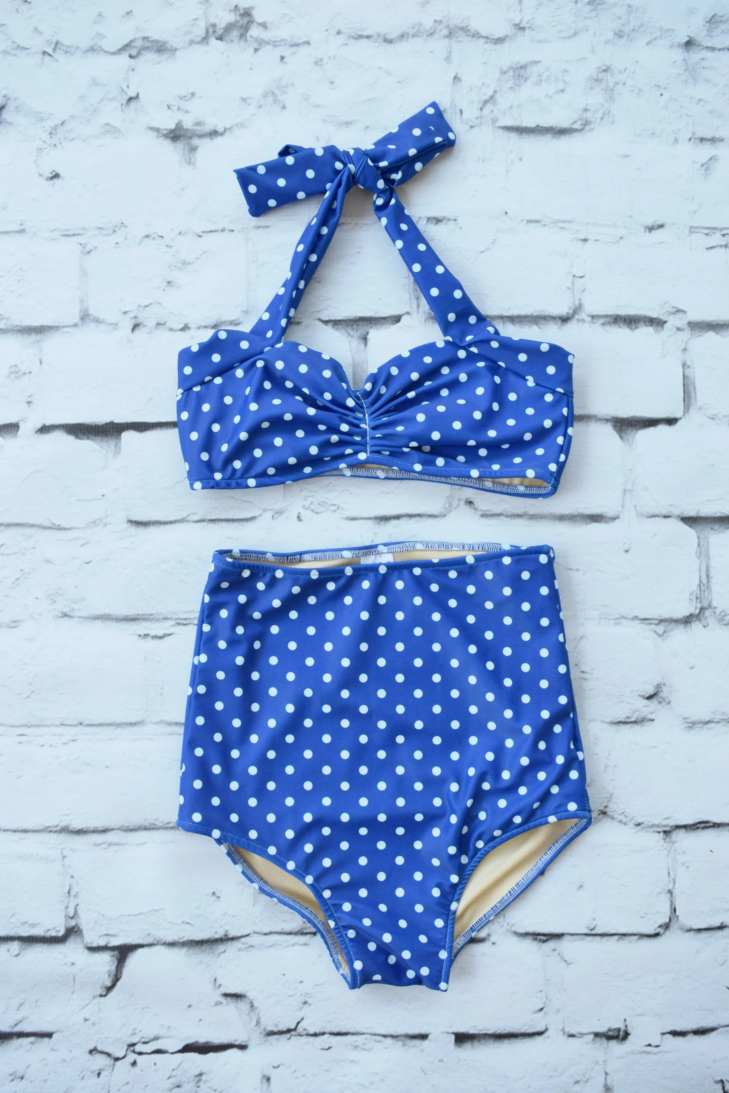 Girls Royal and White Polka Dot Print Bikini