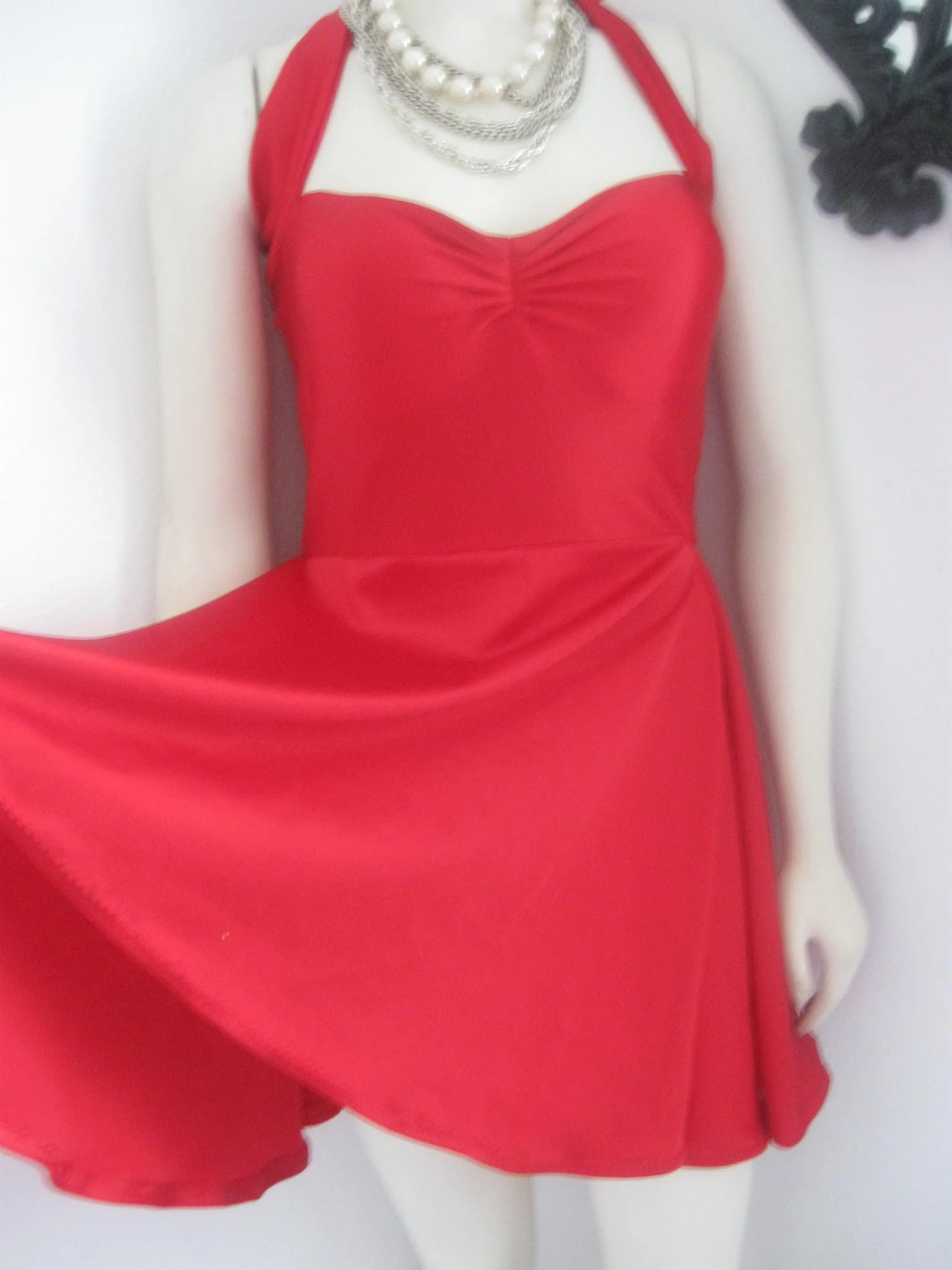 open lace back dress Vintage Red Polka Dot Ruched Lace Halter Tied Mini Swim Dress Red / M Swimsuits Swimwear Bathing Suits