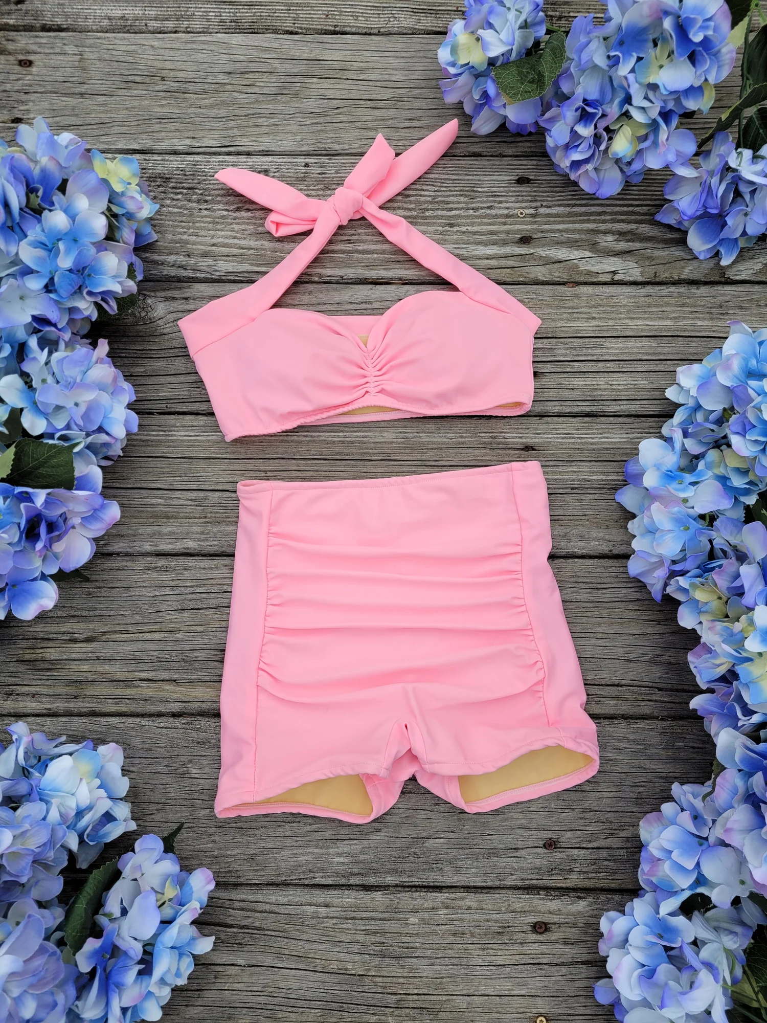 Baby pink ruched high waist two piece — Red Dolly Swimwear