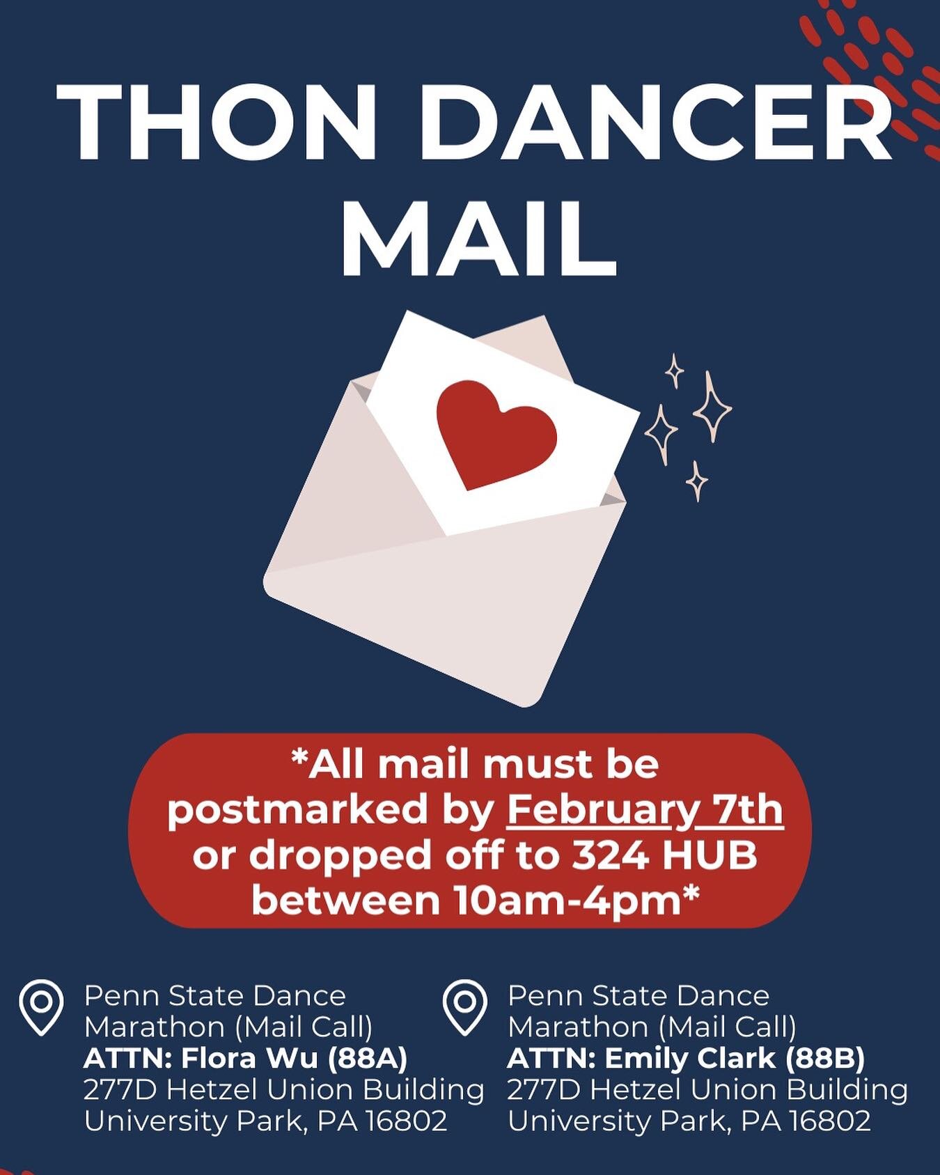 Interested in sending mail to PSAMA&rsquo;s dancers to inspire them throughout THON Weekend? Please have all mail postmarked with the correct address by February 7th or drop it off to the HUB!