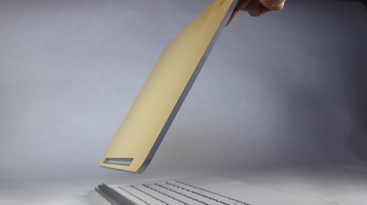  We developed a unique attachment of the tablet on the hinge portion with a magnetic extrusion. &nbsp;The tablet is securely attached but also easily pulled off with one hand, and can be re-attached in a reversed position to become a higher performan