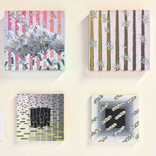 Brianna Bass's paintings. TL : "Omnist" TR : "Mother's Briefcase" BL : "-ism/-ist" BR : "Mote"