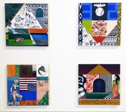 Laura Little's newest body of paintings. TL : "Olympia Take Two" TR : "Arizona Root Canals" BL : "Cowboy Yin Yang (We are Not Okay" BR : "Have You Seen My Pet Serpopard (I Just Want to Be Cremated)"