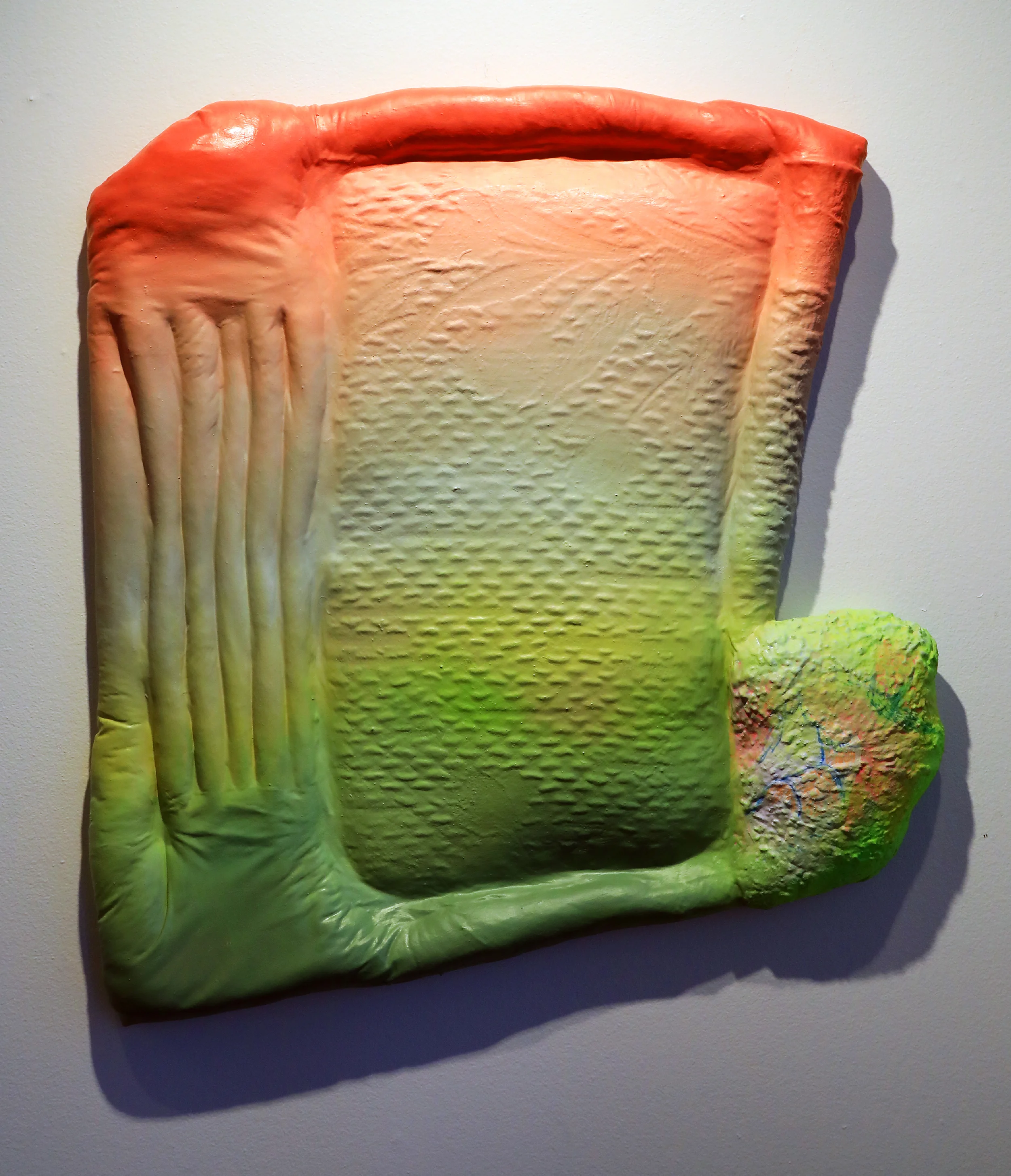 Amelia Briggs. Grouch. 2018. oil, acrylic, latex, and flashe on stuffed fabric over panel.