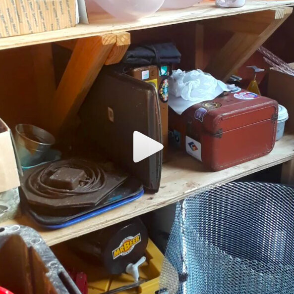  Studio walk through part two. This is the inside of my 'She Shed' where I plan new things, store works in progress and materials. It's just one of those prefab sheds from Lowe's and it does the job. What you see is some boxes of tools, waxes, blown 