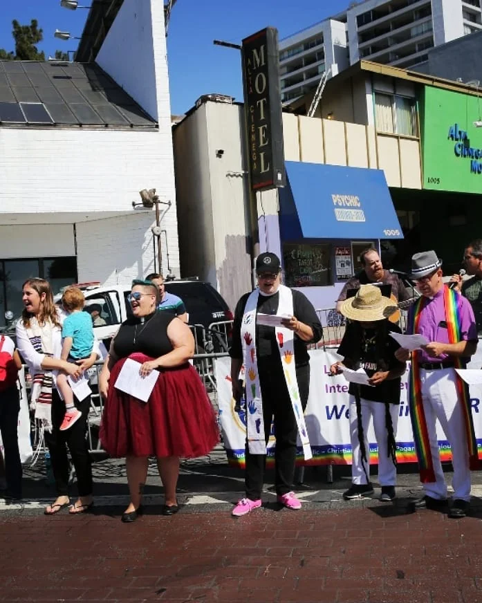 KC participating in leading the Interfaith Pride Service with the LA Queer Interfaith Clergy Counsel (LAQuICC), June 2018