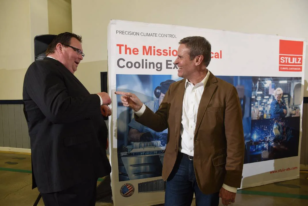 Tennessee Gov. Bill Lee, right, enjoys a moment with Rhea County Executive George Thacker following the March announcement of the Stulz HVAC manufacturing business that is coming to Dayton, Tennessee, and bringing 250 jobs. Photo by Tim Barber /Times Free Press.
