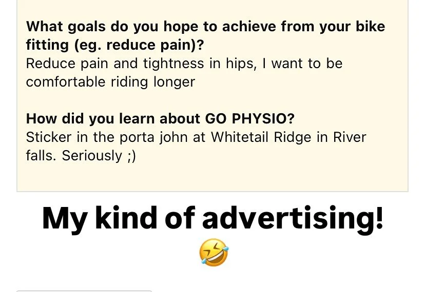 I owe someone a coffee. Haha. This is certainly one of the most unique referral sources I&rsquo;ve had.

#bikefit #bikefitting #marketing #advertising #physicaltherapy