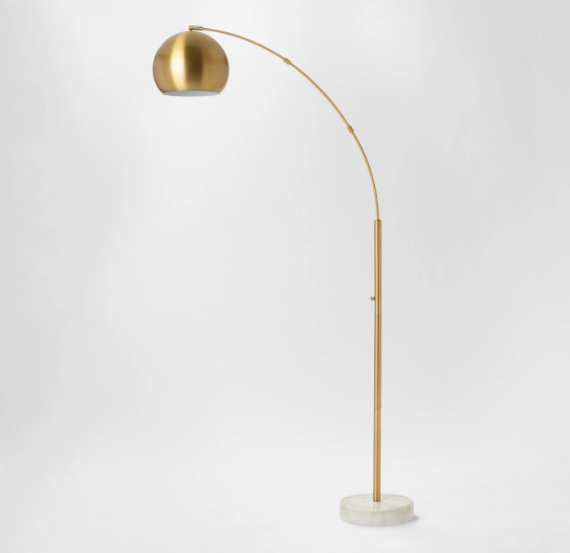 High Low Brass Arc Lamp With Marble, Edris Metal Globe Floor Lamp