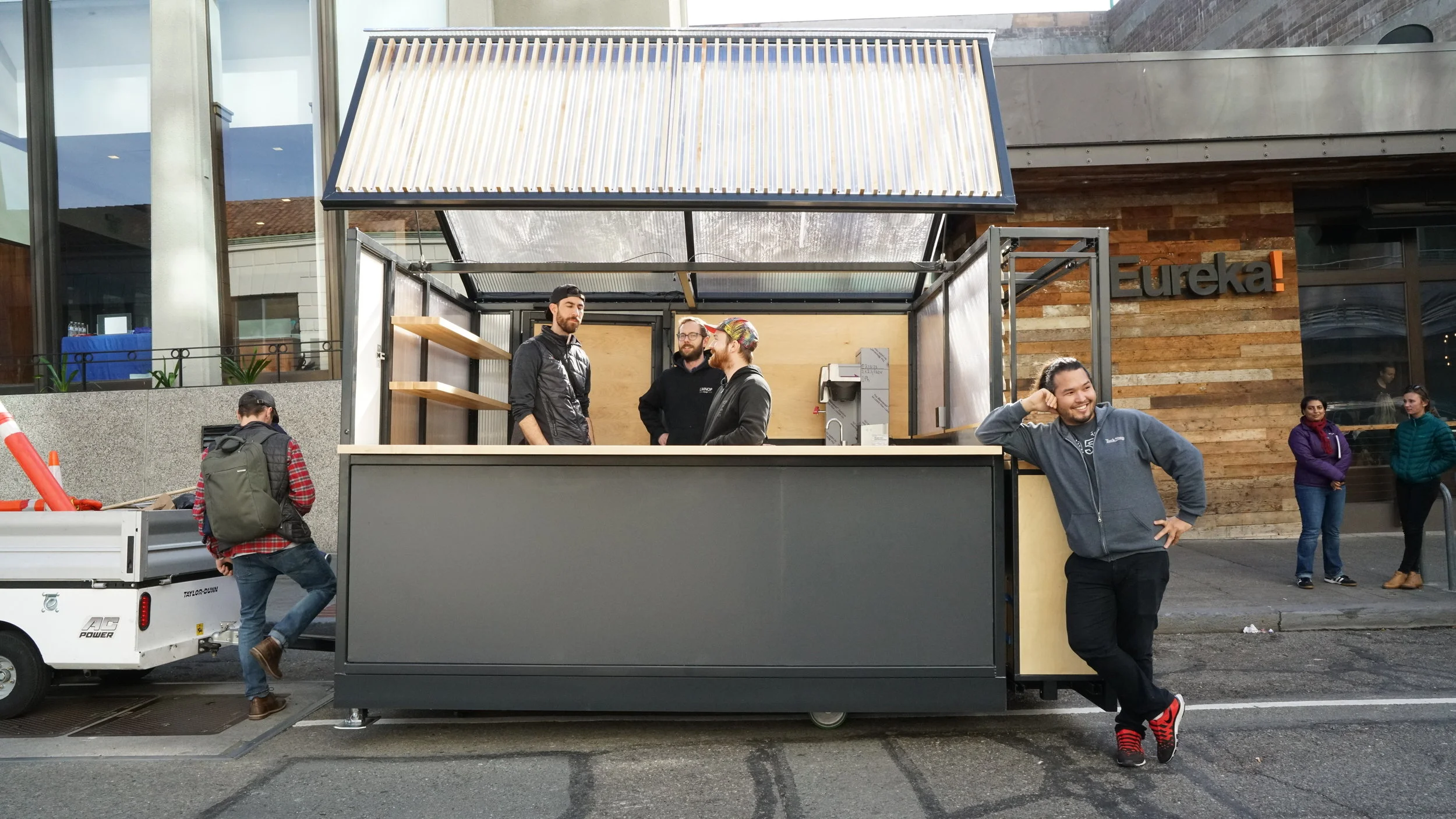 1951 Coffee Stand prior to the installation of final graphics being wheeled in to its storage space.