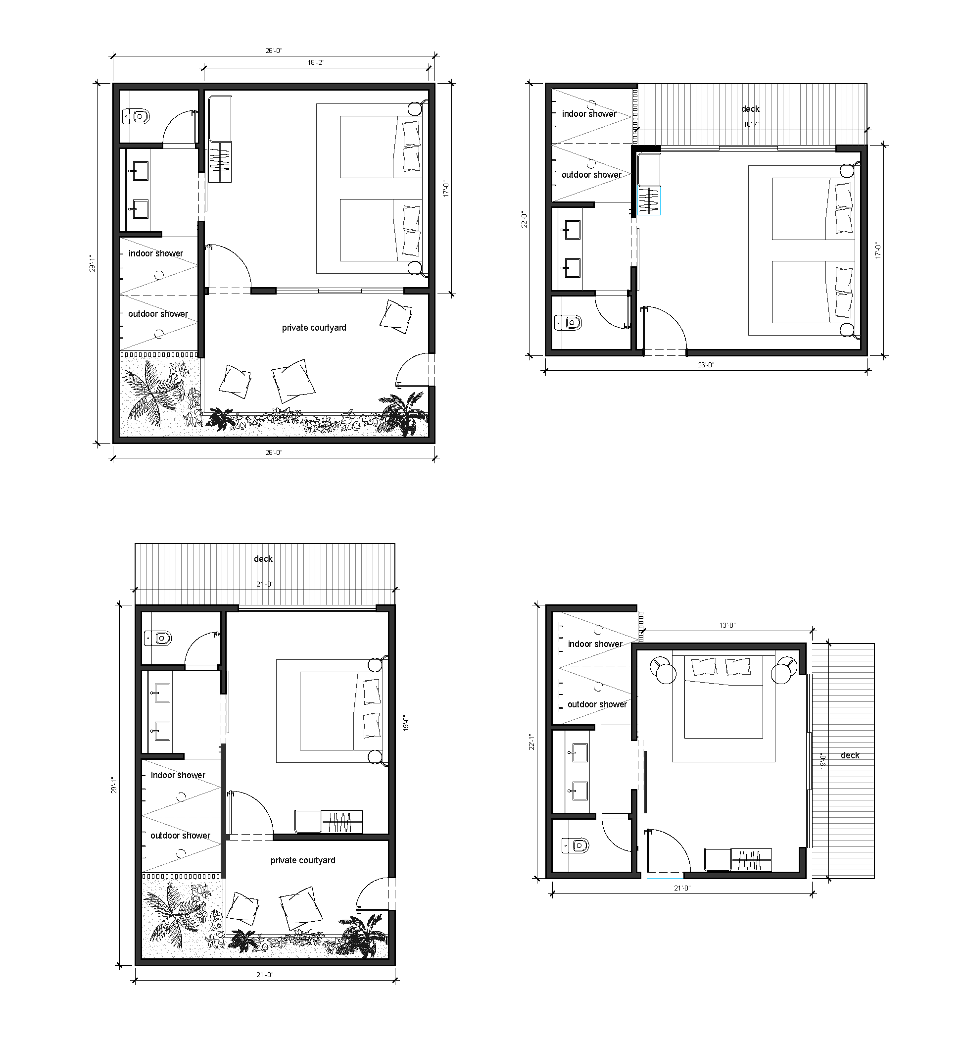 Study layout plans of the proposed hotel rooms.