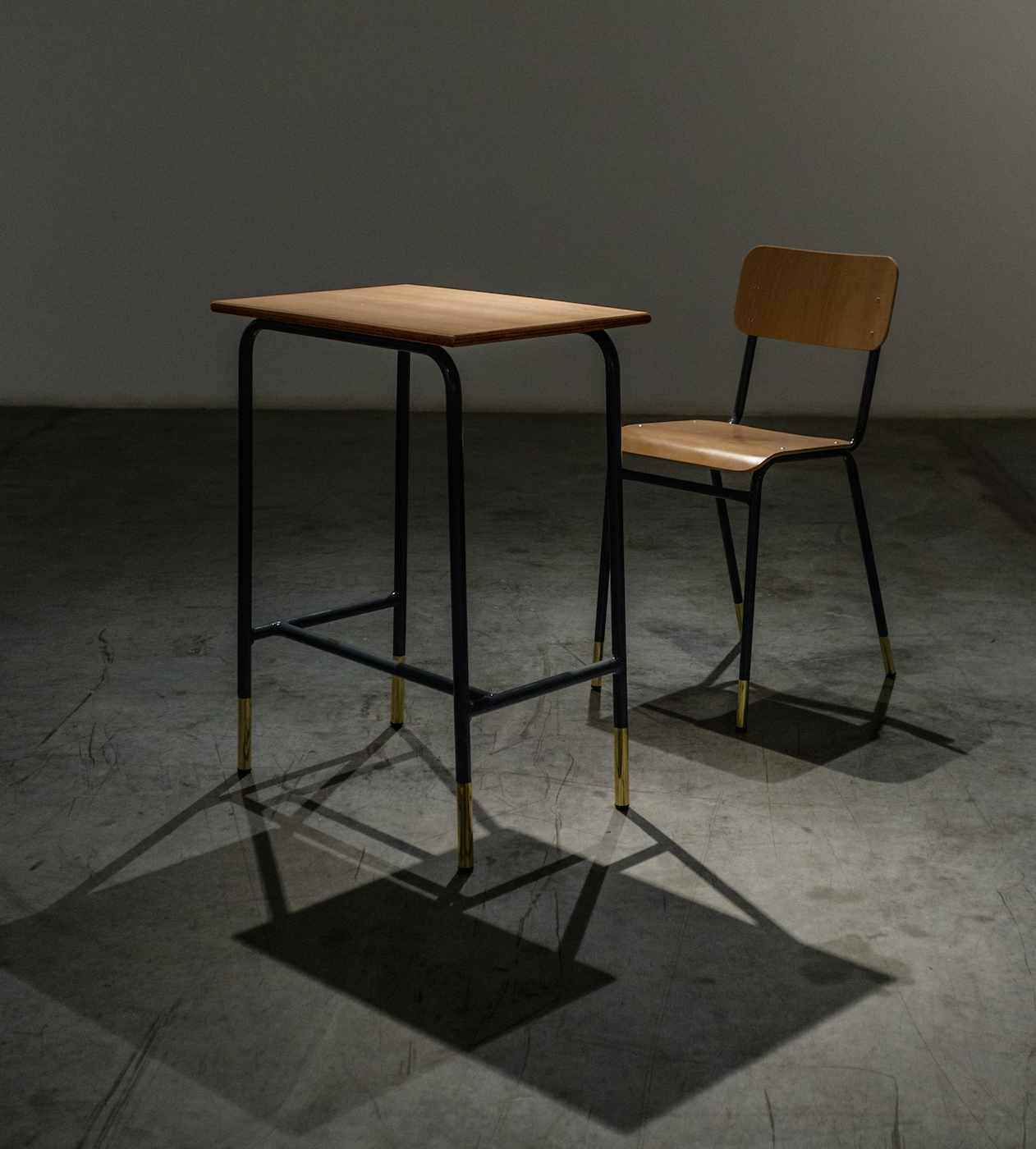  The Shape of Distance 2016 Pupil table and chair, welded brass Table: 77 x 40 x 55 cm, chair: 80 x 45 x 36 cm 