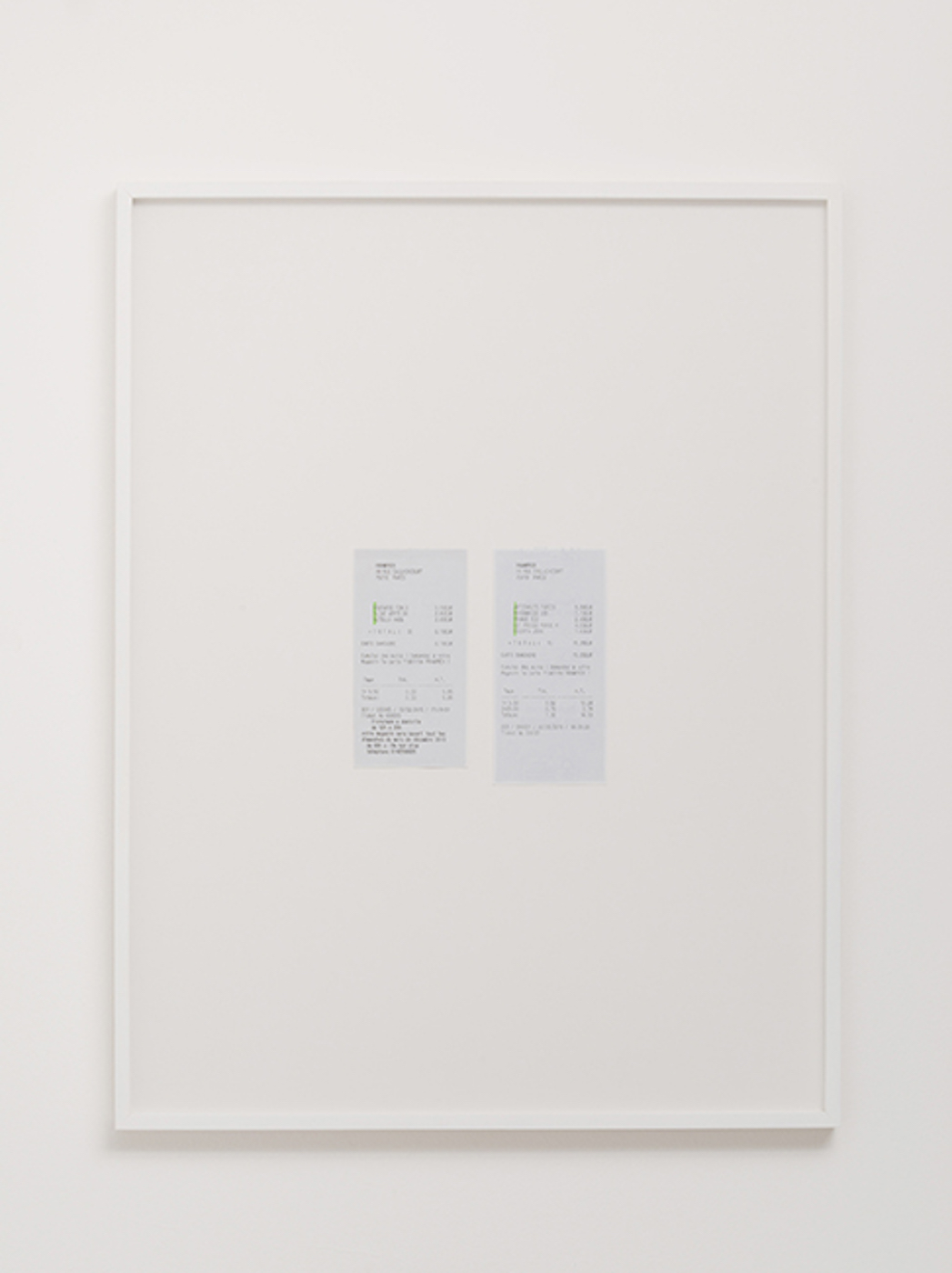  Mon Amour 2012 – 2015 Supermarket receipts, highlighter Dimensions variable   Products purchased in a Parisian supermarket are chosen in a very precise way and disposed at the cash machine accordingly to reveal a secret message: Mon Amour. 