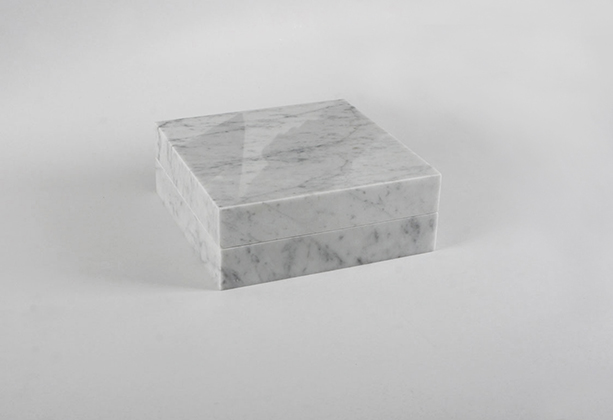  Night enclosed in marble (front) 2013 (ongoing series) Carrara marble, 1 cm3 of a night (Naas Forest, Mount Lebanon), metallic hinges 23 x 23 x 9 cm 
