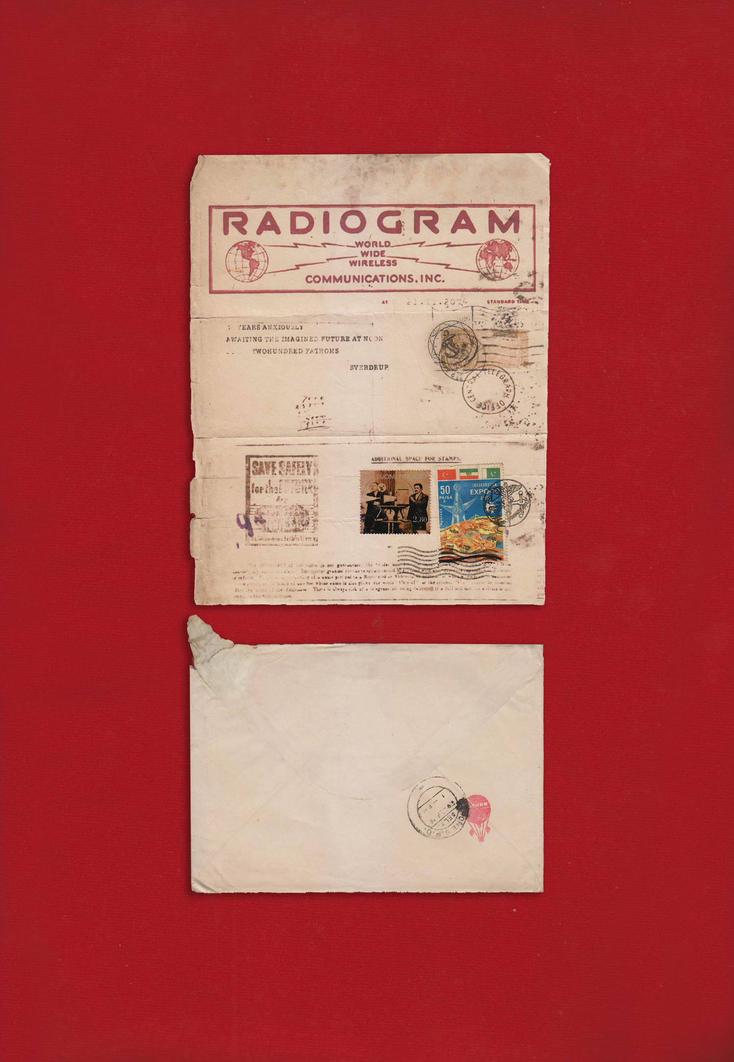  Telegram from the Future, Radiogram 2013 Molded paper, rubber stamps, postage stamp, ink, accompanying envelope, red velvet 36.83 x 55.25 x 3.91 cm (framed) 17.78 x 22.86 cm (molded paper) 12.95 x 18.28 cm (envelope) 