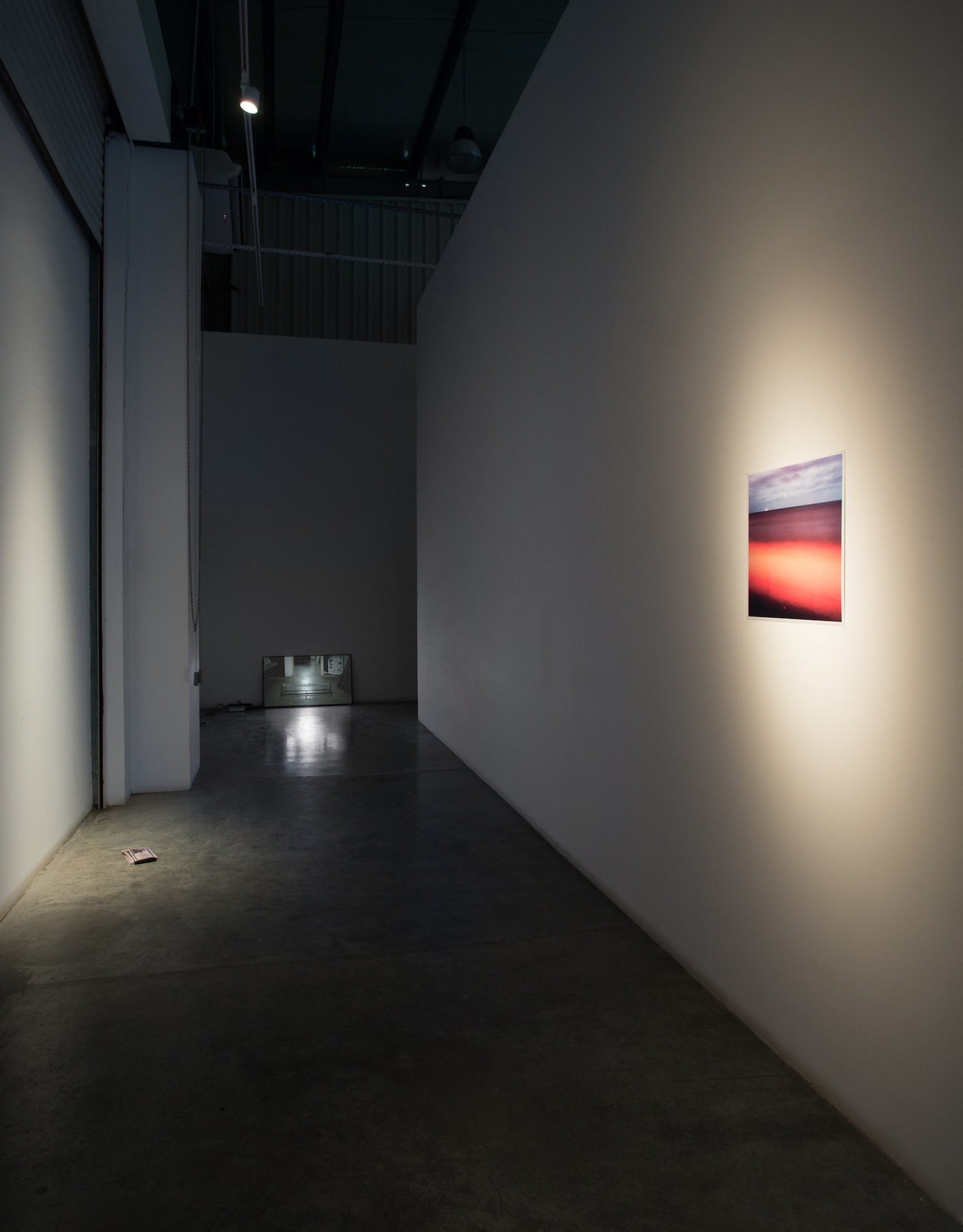  Installation view, L - R   LEFT: Lantian Xie, Dubayygeists - Hong Kong Restaurant takeaway menus (commissioned for the exhibition) 2015   CENTER: Michael John Whelan Now the shadows I measure 2015 HD video, silent 00:01:46 loop Ed of 3 + 2 AP  RIGHT