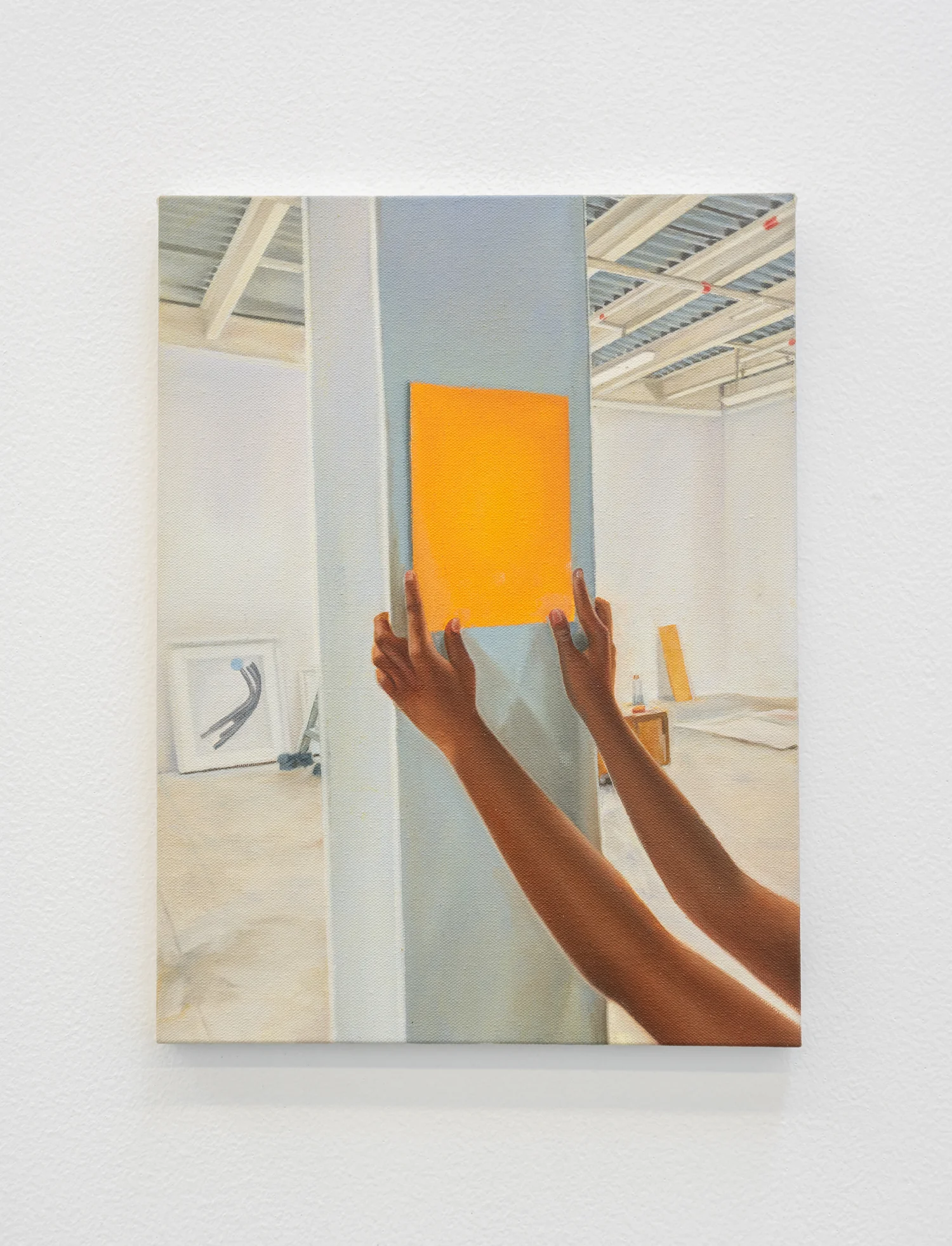 DAY TO DAY 2018 Oil on canvas Painting of a pair of arms holding up a a Square against a beam 40.5 x 30.5 cm