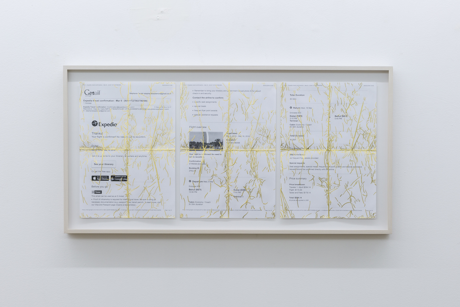  Stéphanie Saadé  Travel Diary 2014 – 2018 Used document, 24-carat gold leaf 21 x 29.7 cm each Unique and part of an ongoing series  Gold leaf is applied on the plights and creases formed on travel documents when used by the artist to leave and retur