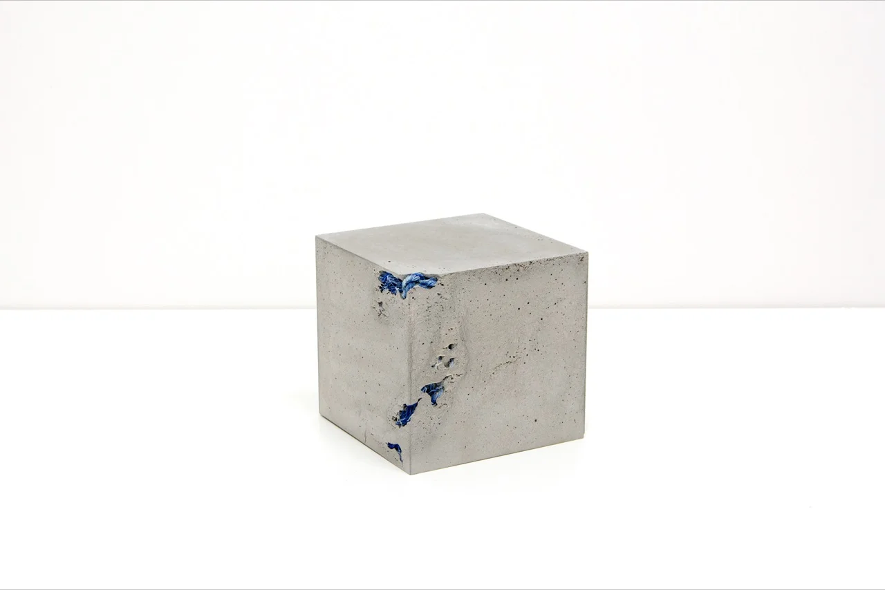 Michael John Whelan Inclusions (blue nylon rope) 2019 cast concrete cube containing a 98cm blue nylon rope, retrieved 15/11/18 Persian Gulf (near Ras al Khaimah)