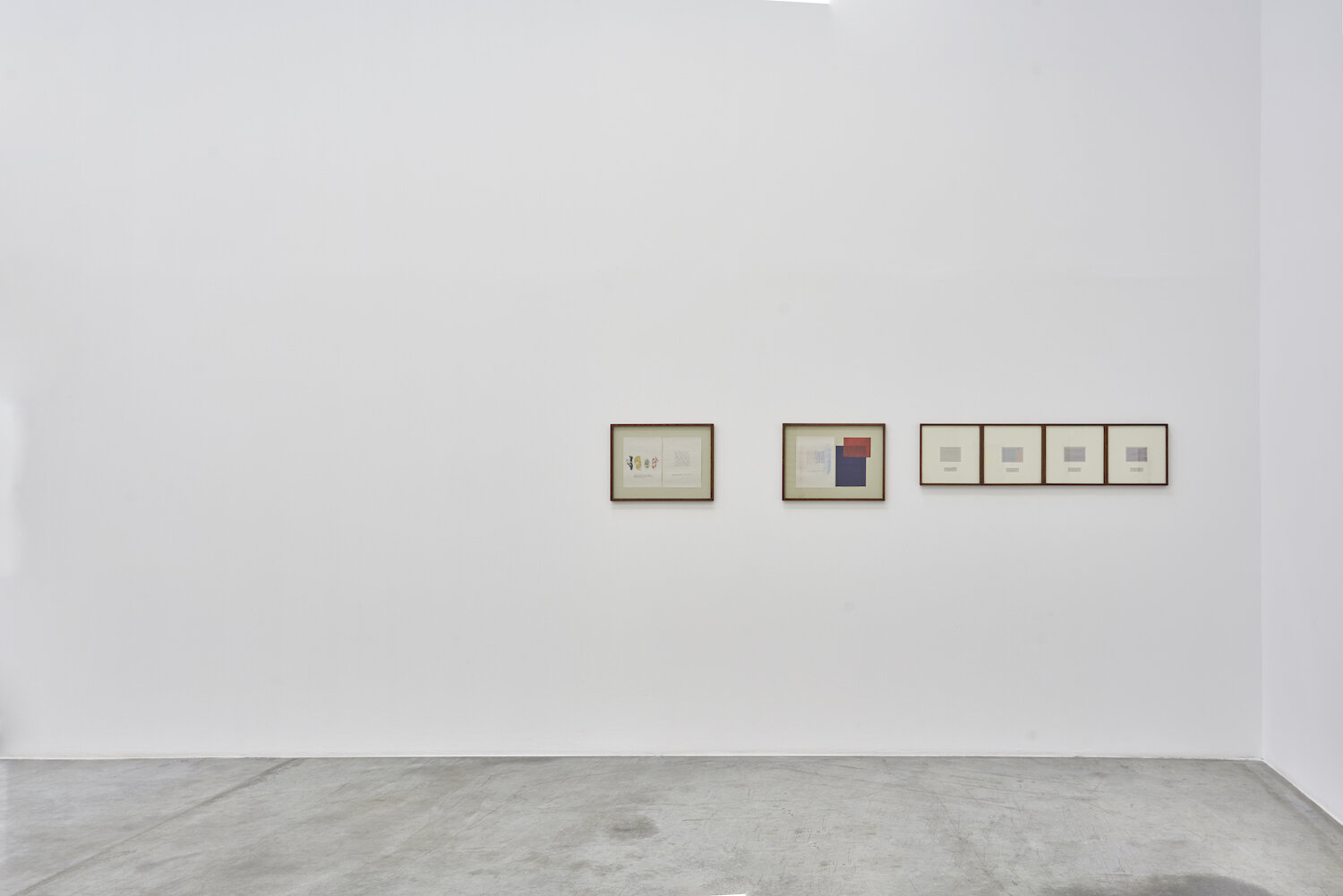 L-R Coloured Fields 21, 2019, paper, ink, fabric, 38 x 50.8 cm / Coloured Fields 20, 2019, paper, ink, carbon paper, 38 x 50.8 cm / Four Daughters, 2019, ink on paper, 30.5 x 30.5 cm