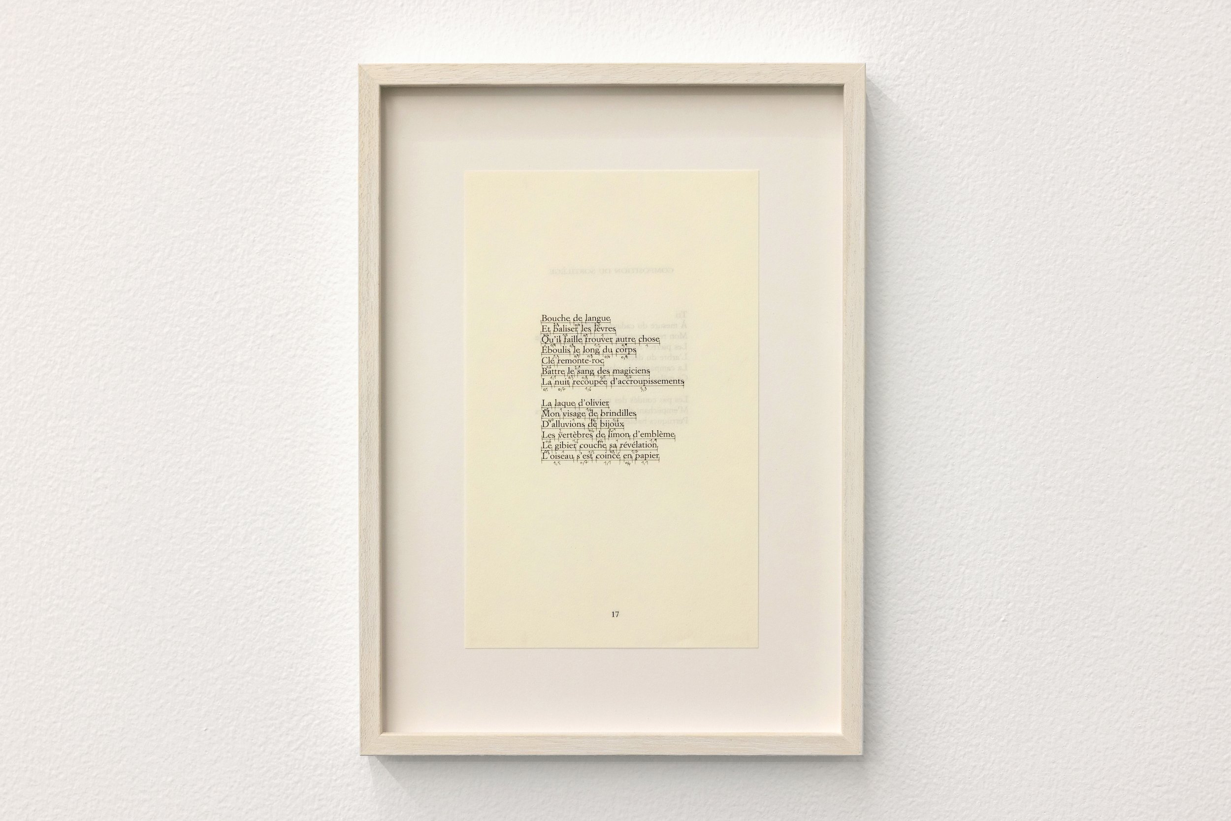  Word Count, 2022, book page, permanent marker, 23x14 cm / 31.5 x 23 cm (framed), unique variation   Each word of a poem by Michel Bulteau is measured in centimetres and its size noted underneath it. 