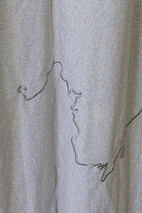  The Encounter of the First and Last Particles of Dust (detail), 2019, 4 used curtains, silver embroidery, 290 x 257 cm each   The curtains of the artist’s room as a teenager are embroidered in silver with the eighteen most significant trajectories s