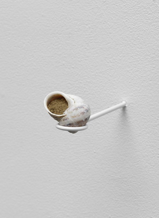  Terre Pourrie, 2020, found snail shell, “Terre Pourrie” pigment, powder-coated metallic structure,  size of installation: 3x3x12cm, Edition 5/5   A hollow snail shell is filled with a pigment called “rotten earth”.  &nbsp;&nbsp;  