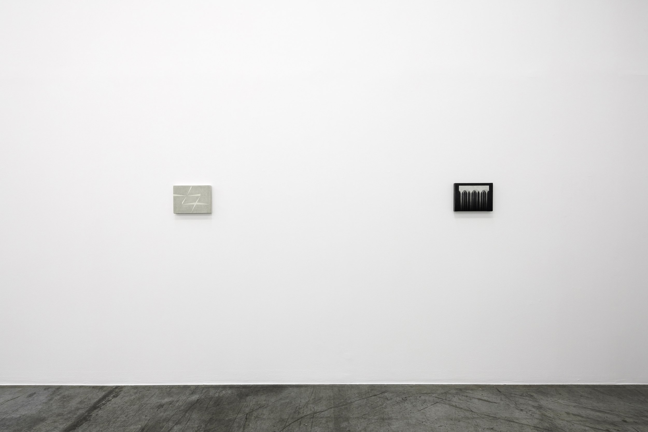  Installation view / The importance of staying quiet / 3. Fahd Burki I   R-L  Shade, 2025, acrylics and gesso on canvas, 21.4 x 28.5 cm / XX, 2026, acrylics, gesso and pencil on canvas, 21.4 x 28.5 cm  Image courtesy of the artist and Grey Noise Phot