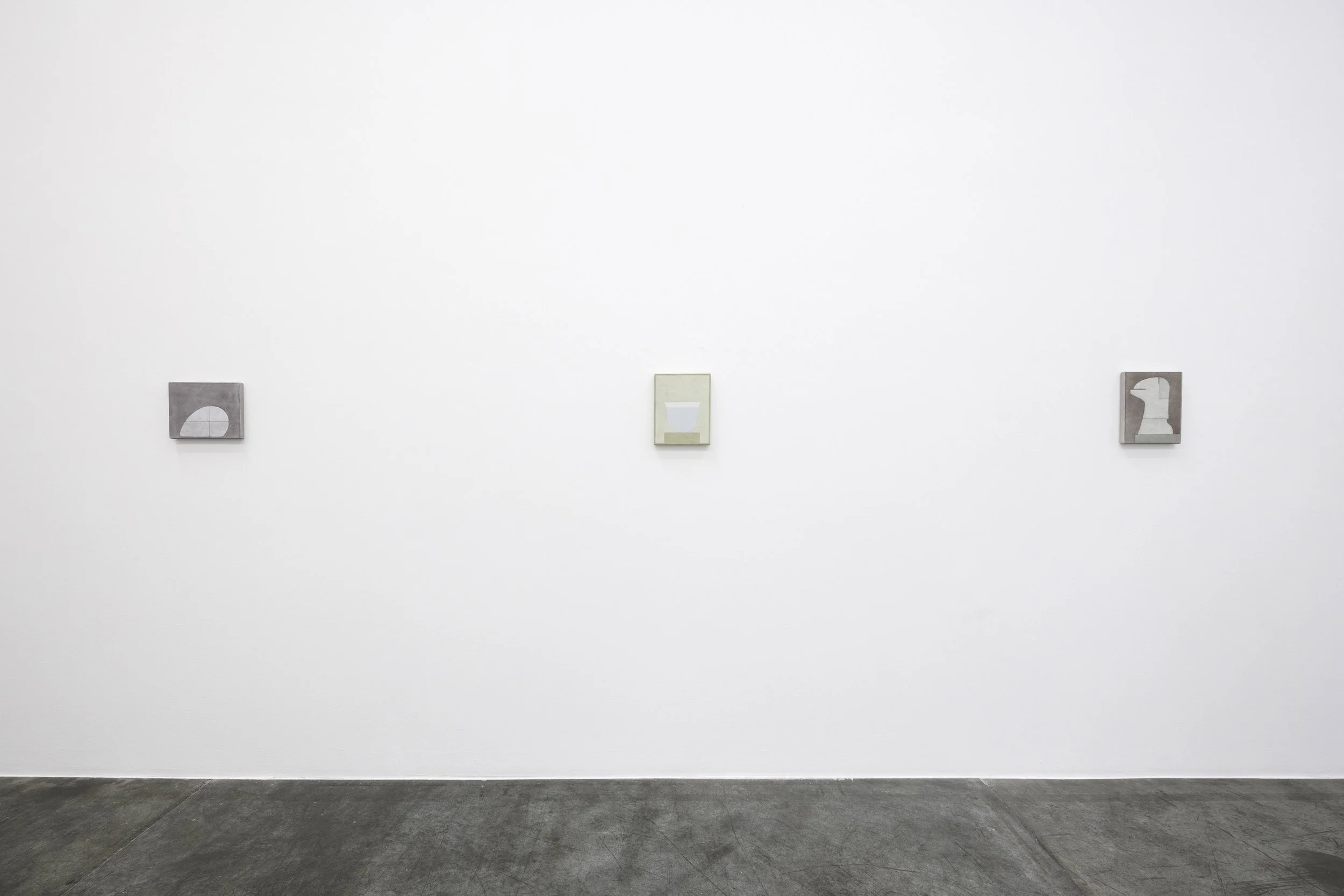  Installation view / The importance of staying quiet / 3. Fahd Burki I   L-R  Cerebrum, 2025, acrylics and gesso on canvas, 21.4 x 27.2 cm / Untitled, 2025, acrylics and gesso on canvas, 27.2 x 21.4 cm / Untitled, 2026, acrylics and gesso on canvas, 