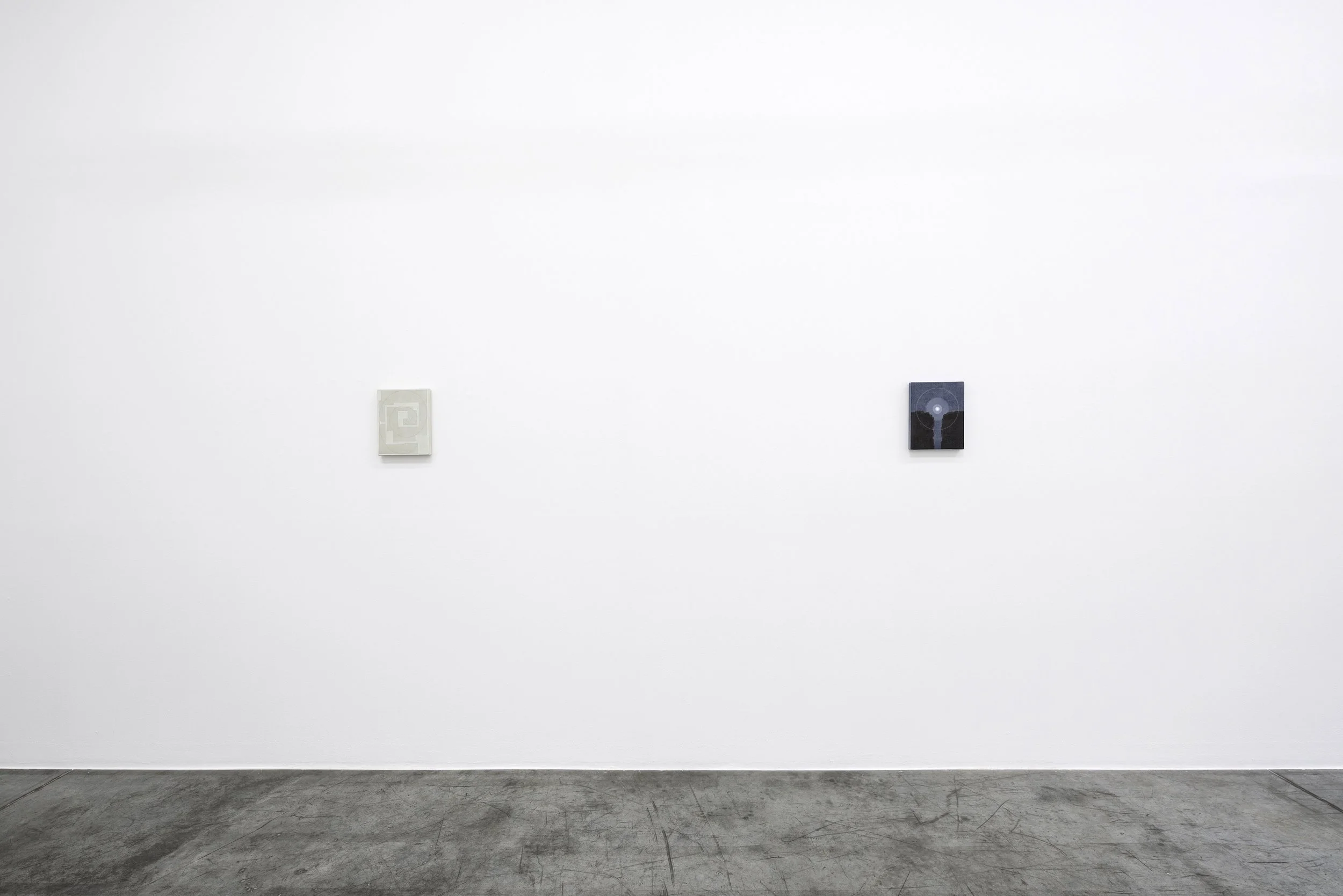  Installation view / The importance of staying quiet / 3. Fahd Burki I  L-R  Spiral, 2025, acrylics, gesso and pencil on canvas, 27.2 x 21.4 cm / Moon, 2026, acrylics and gesso on canvas, 27.2 x 21.4 cm  Image courtesy of the artist and Grey Noise Ph