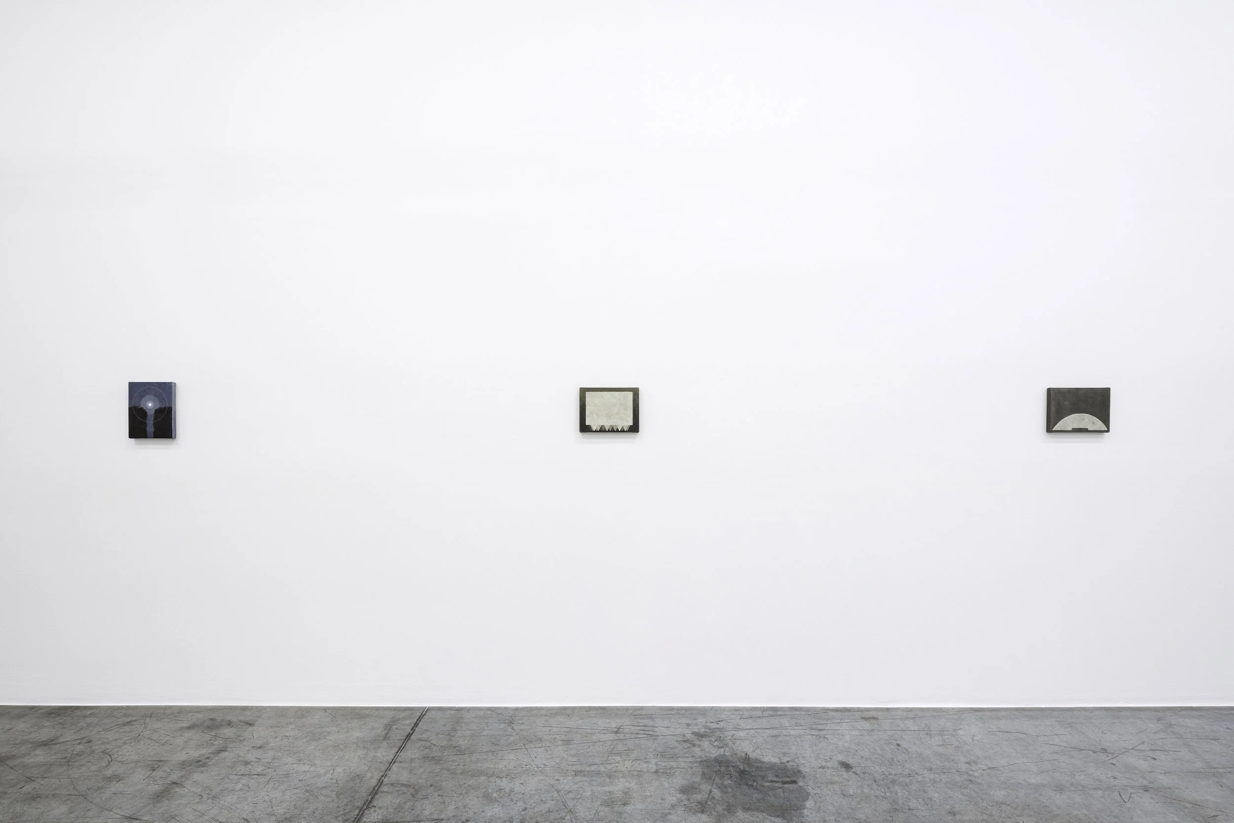  Installation view / The importance of staying quiet / 3. Fahd Burki I  L-R  Moon, 2026, acrylics and gesso on canvas, 27.2 x 21.4 cm / Transit, 2025, acrylics and gesso on canvas, 21.4 x 28.5 cm / Bow, 2025, acrylics and gesso on canvas, 21.4 x 28.5