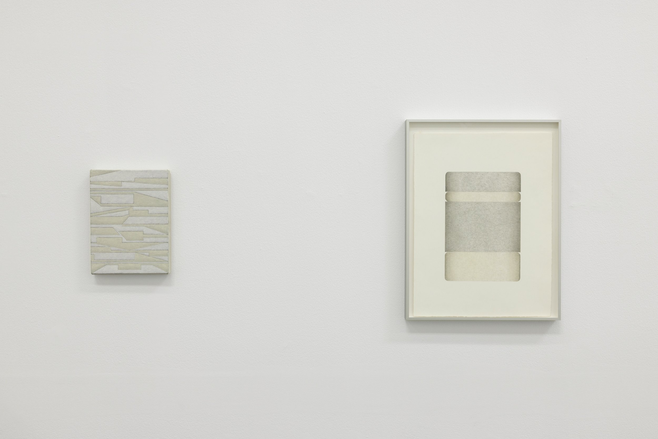  L-R Soft Fossil, 2026, acrylics and gesso on canvas, 28.5 x 21.4 cm /  Pencil drawing 3, 2020, coloured pencil on paper, 50.3 x 37.7 cm   Image courtesy of the artist and Grey Noise. Photo by: Daniella Baptista 