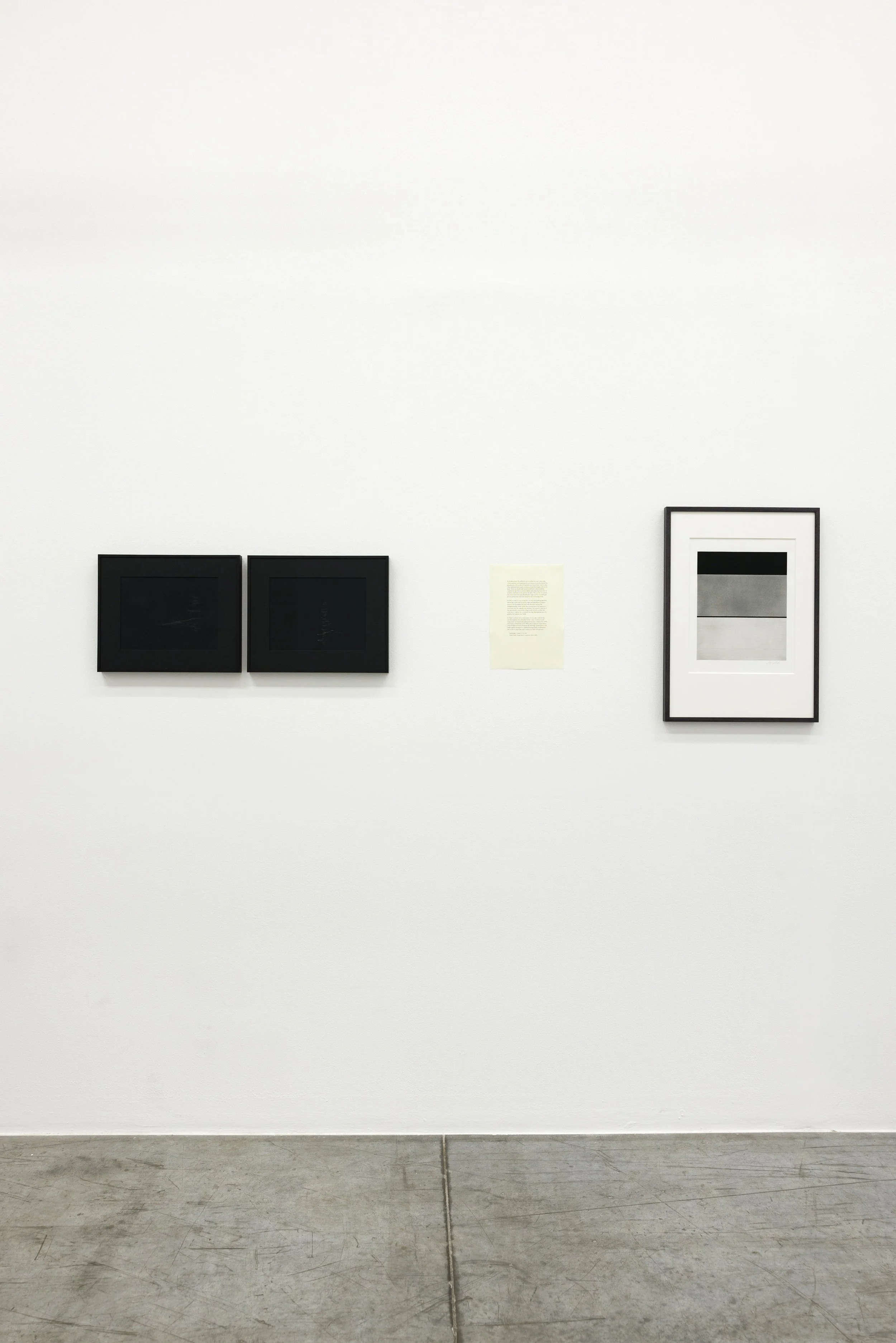  Installation view / The importance of staying quiet / 6. Open Forms L-R Lala Rukh, Untitled A, B, 2011, graphite on carbon paper, 21.5 x 28 cm each  /  Seher Shah, Foreign dust (Variation 4), 2019-2020, graphite dust on paper, paper size: 55.9 x 38.