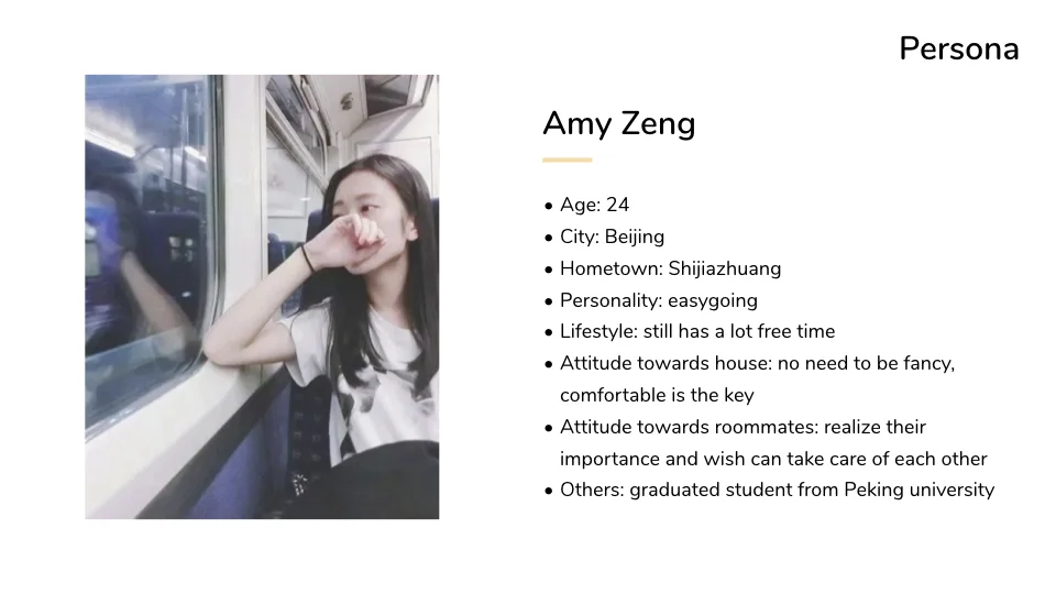 Persona info: age + city / hometown / personality / lifestyle / attitude towards house and roommates.