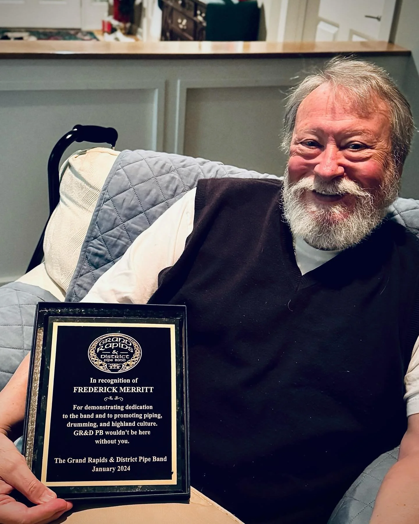 Congrats to former Pipe Major Fred Merritt for being the first ever recipient of the Fred Merritt Service Award (AKA the Fred Merritt Merit Award). From now on, the award recipient is voted on every 5 years by members of the band for demonstrating de