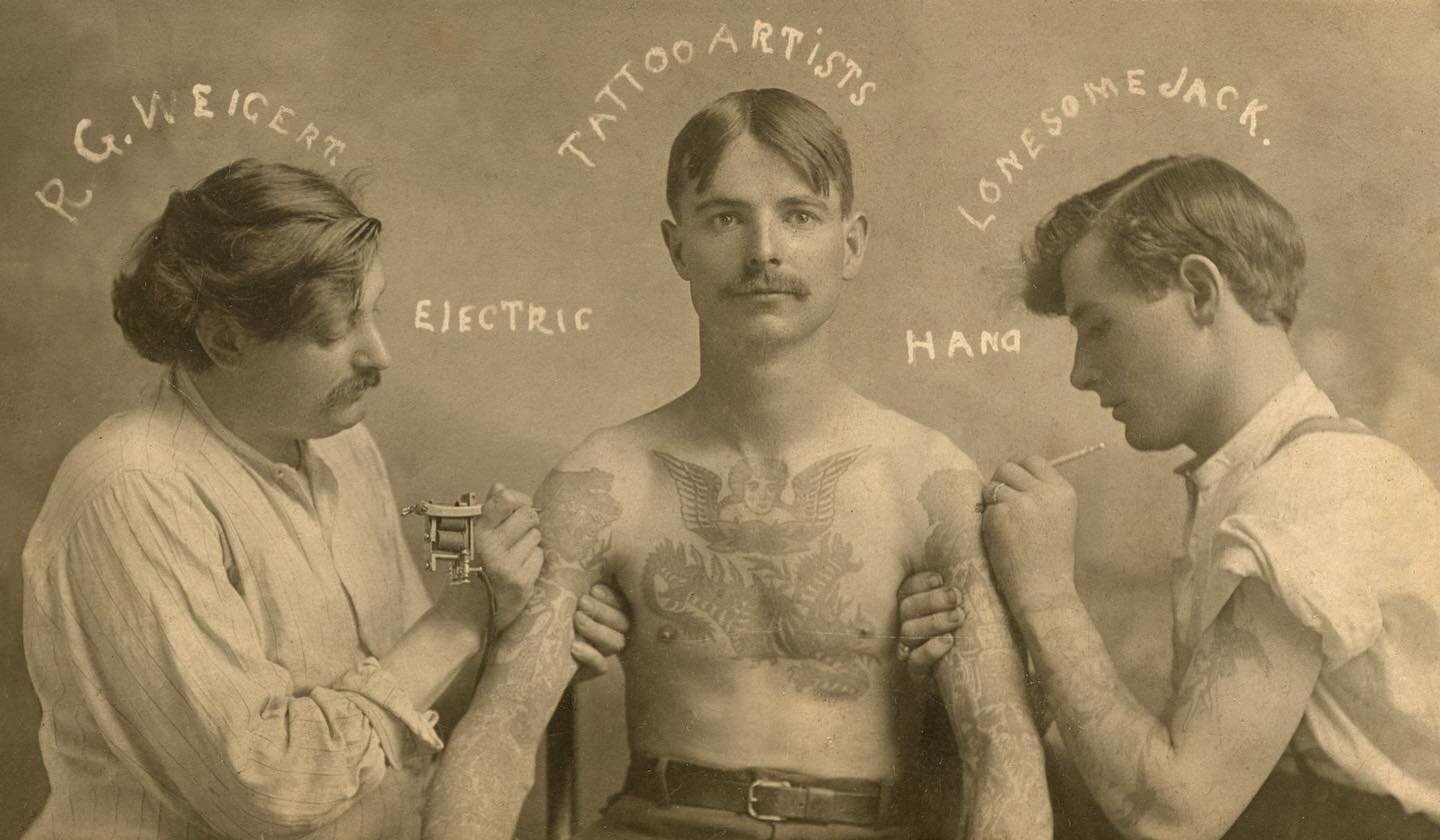 An incredible photograph of Lonesome &ldquo;Jack&rdquo; Allman and George Weigert tattooing USN sailor Jack McCormick, ca. 1908. Gus Wagner actually did the bulk of McCormick&rsquo;s work. We featured this photo and some great information about Allma