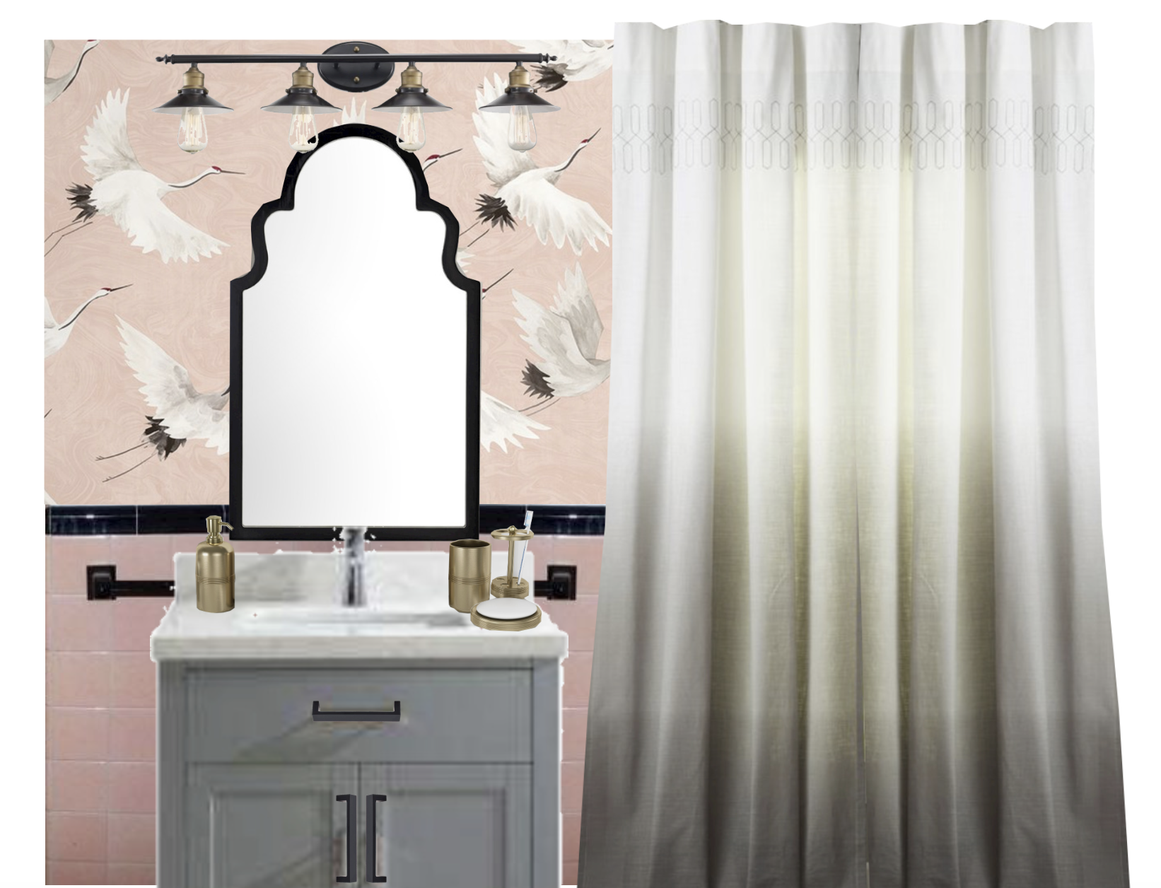 pink bathroom design concept with wallpaper
