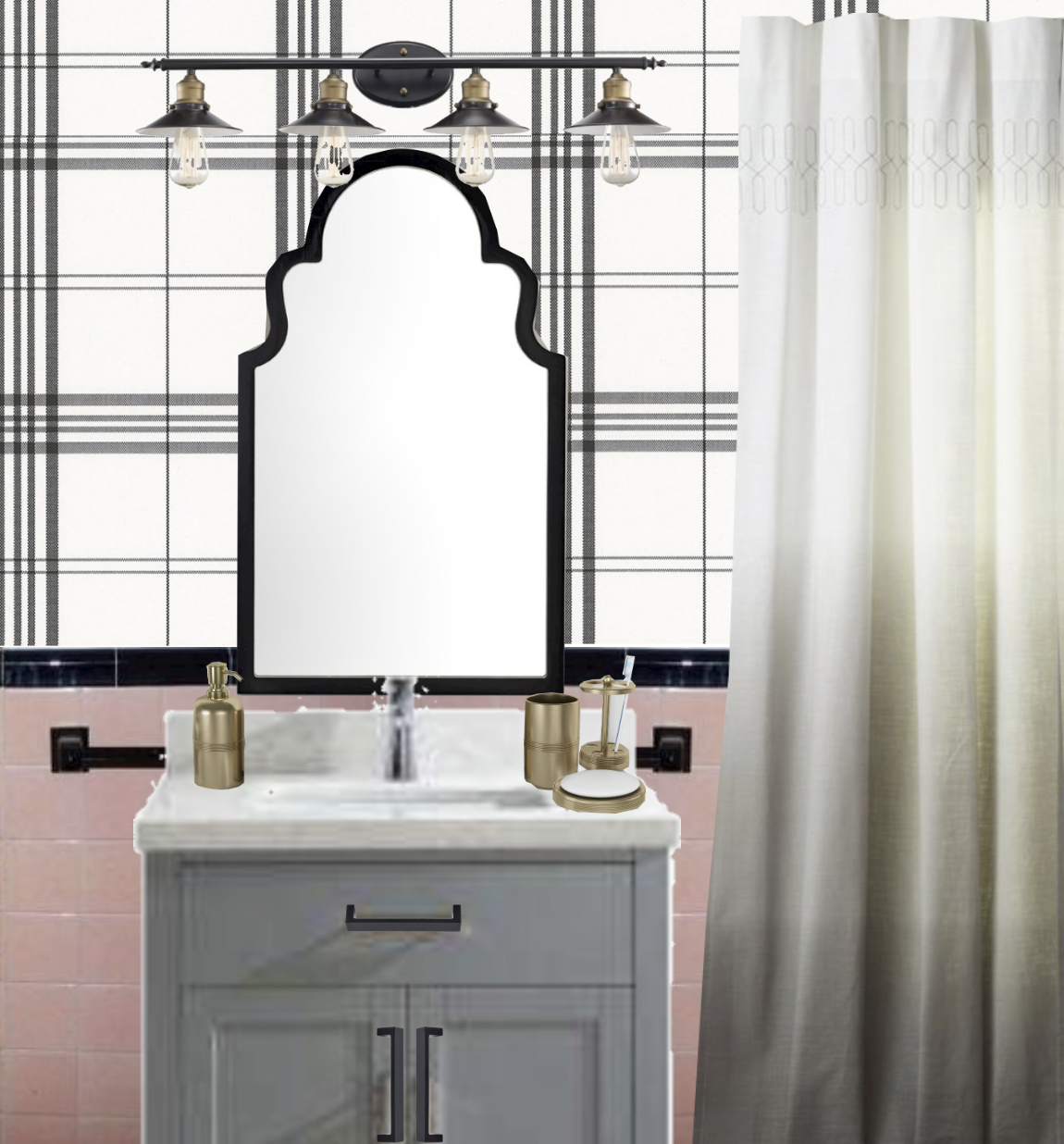 pink bathroom refresh with plaid wallpaper