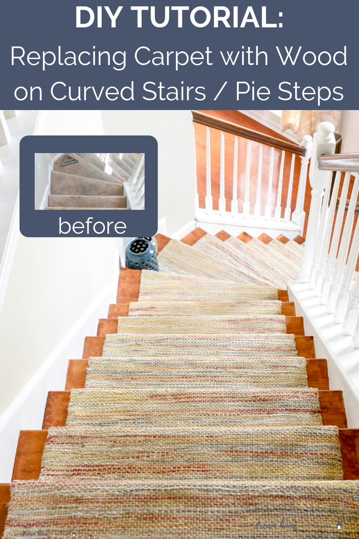 Wood Stair Tread Installation on Pie Steps, Curved Staircase, or Angled Landings - Replacing carpet on stairs that aren’t straight can be tricky but I’m showing you how I made a template to get your cuts exactly right!   #diyhomeupgrades #diyhardwoo…