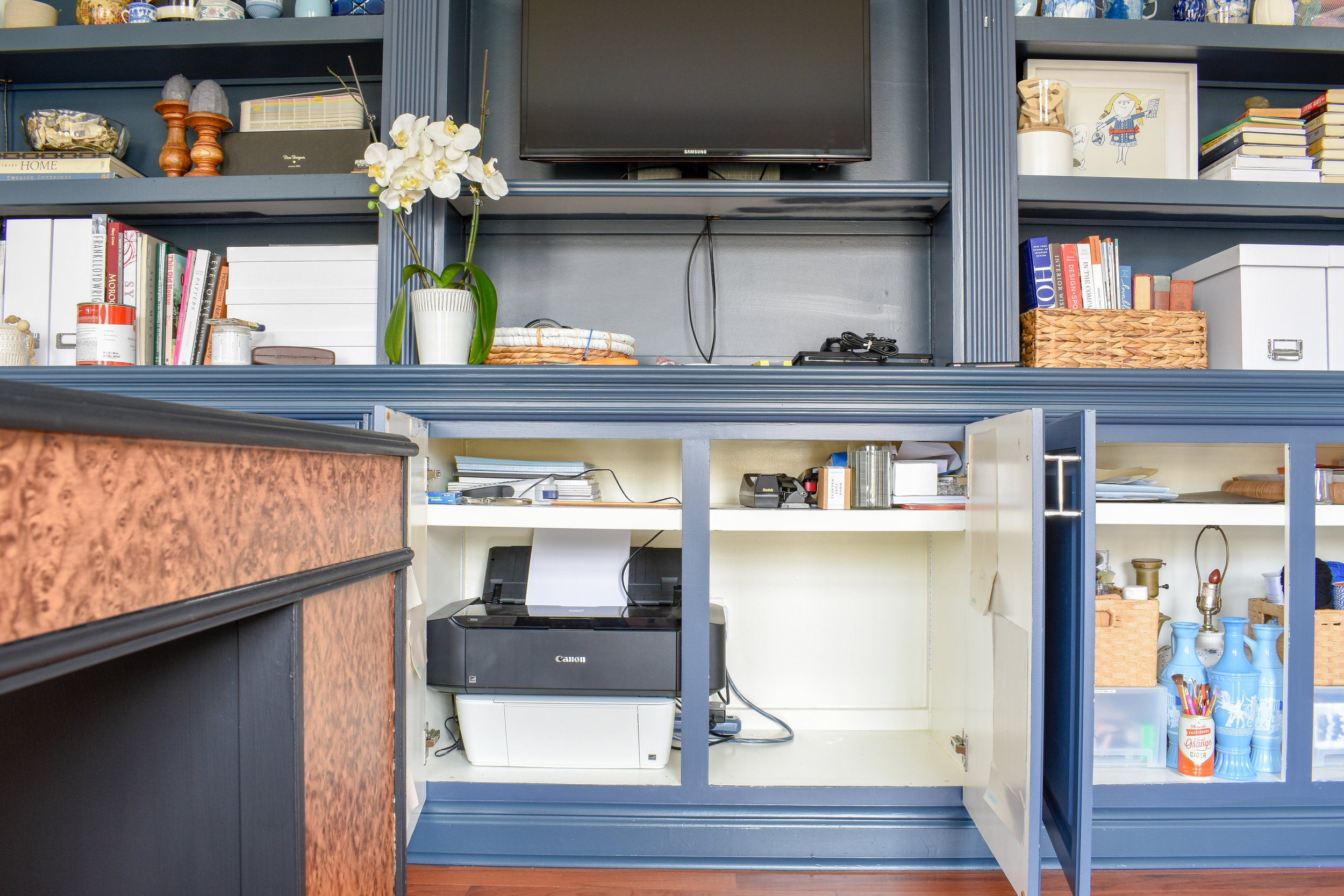 Home Office Storage - Navy Built-in Bookcase Paired with Modern Decor
