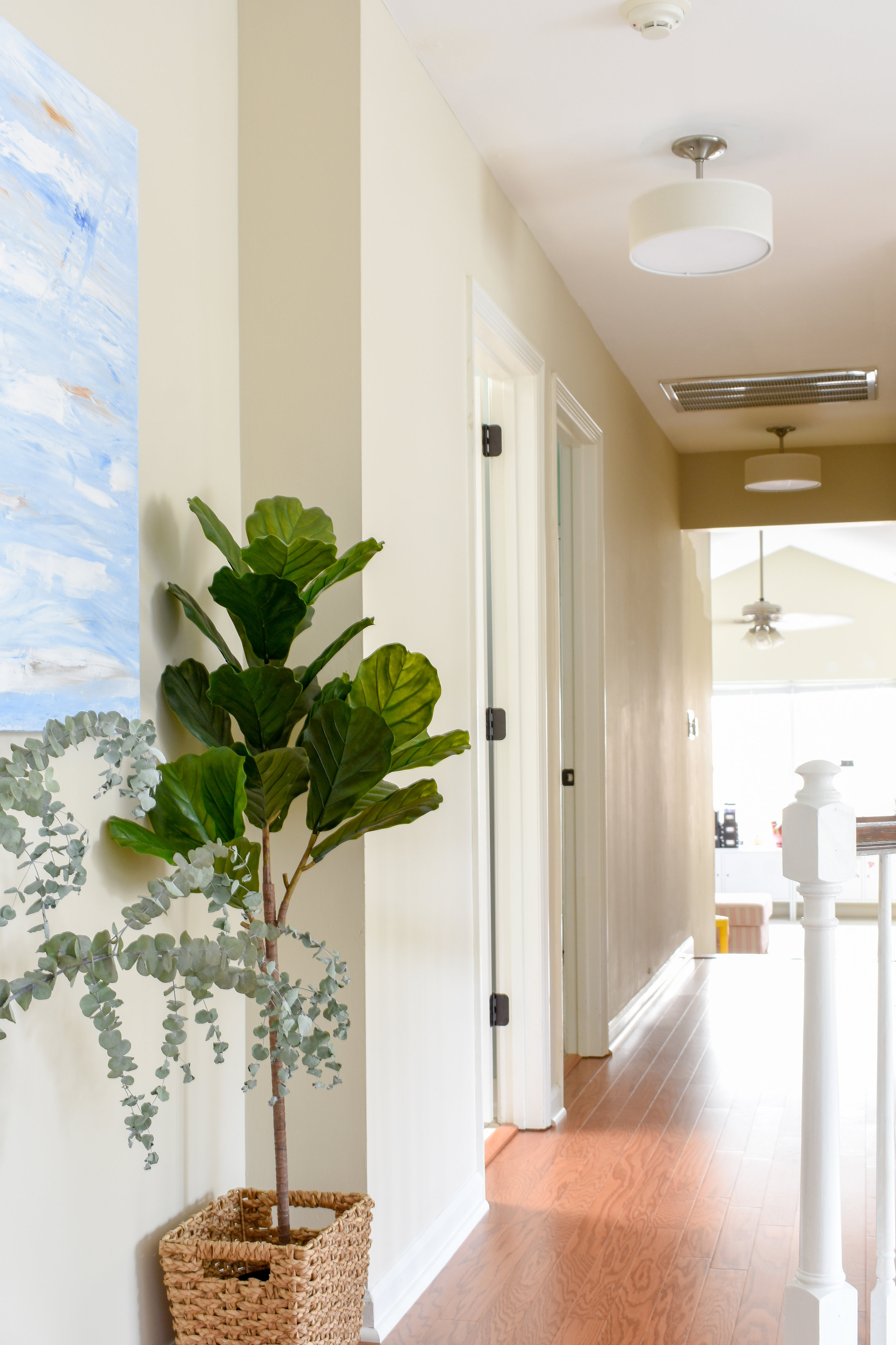 Hallway Makeover: You can peek into the bonus room from this end of the long upstairs hallway.