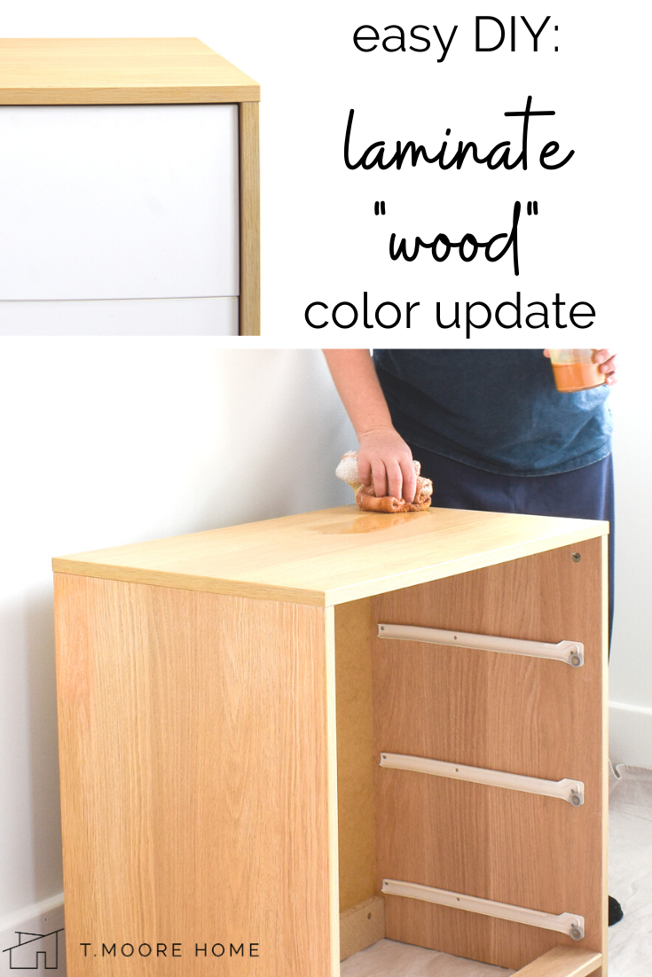 How to "stain" fake wood or laminate furniture | Full tutorial on blog | I bought a piece of furniture that had a slightly different wood tone than my other pieces. I assumed it had a wood veneer that could be easily re-stained. Once I got it home, …