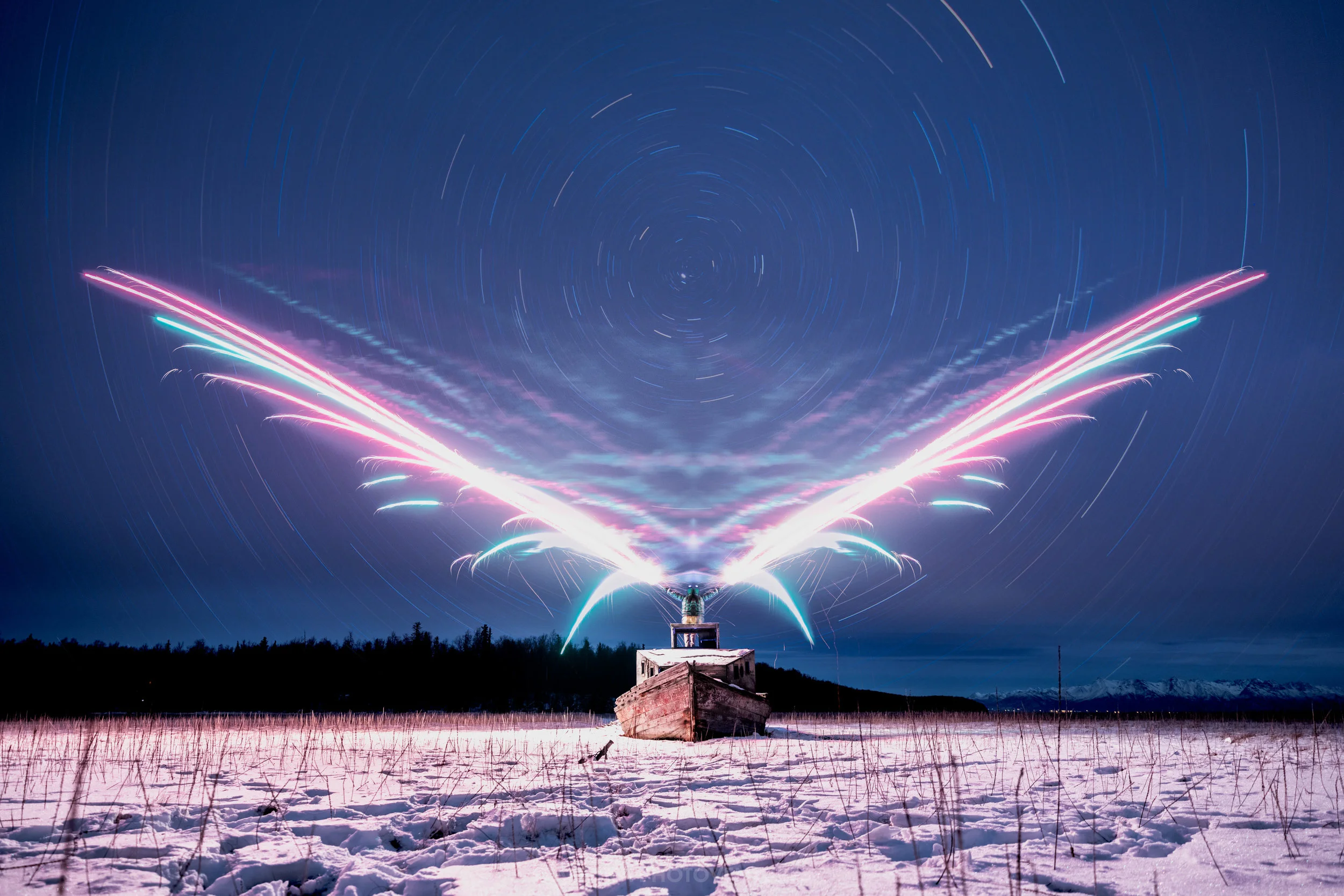 Using roman candles to light up the sky. The streaks are from separate blasts but over the time of 30 seconds the camera captures all the blasts during the exposure time.