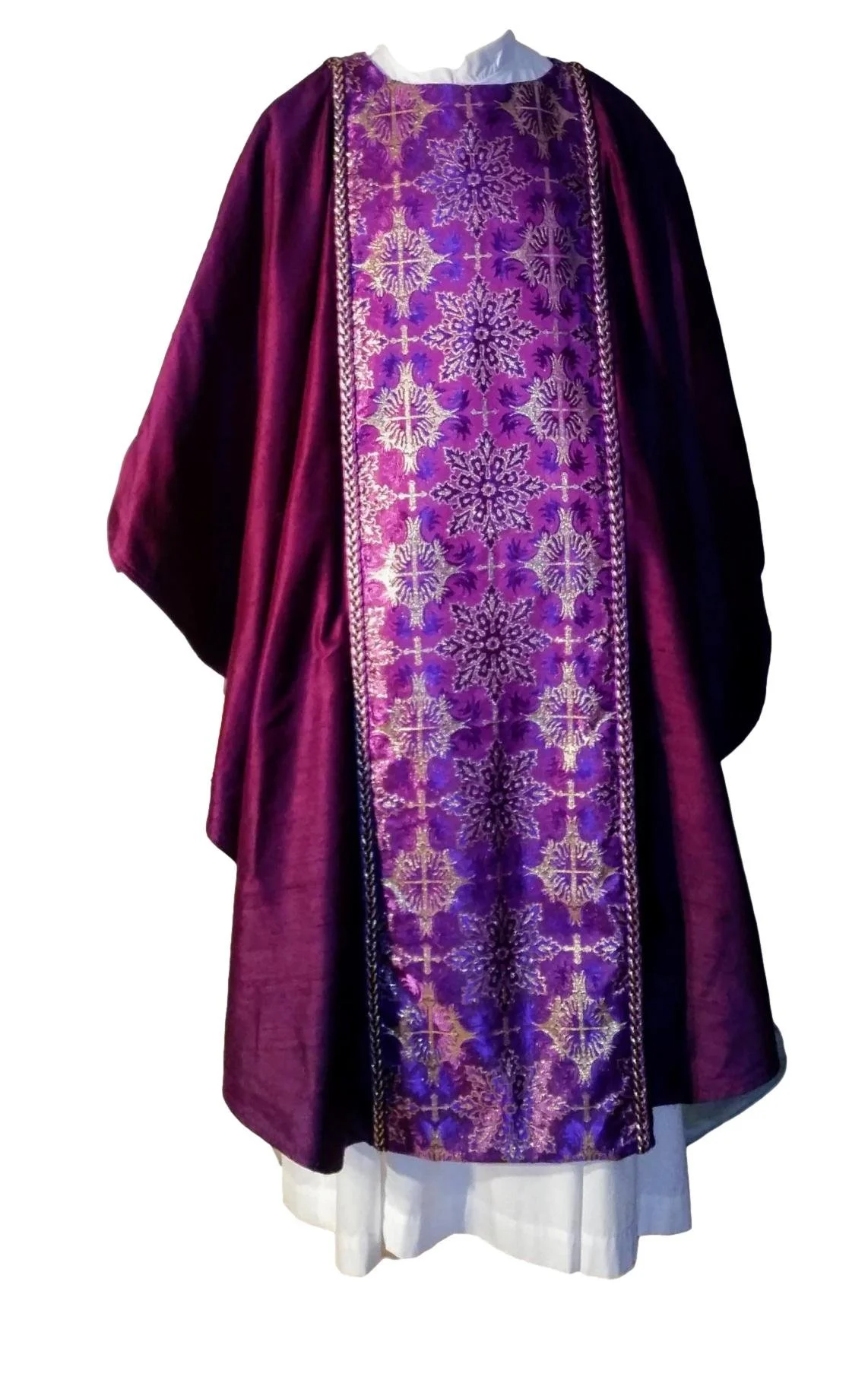 CH-131 Purple Silk Chasuble Gold Metallic &amp; Purple Cross Orphrey