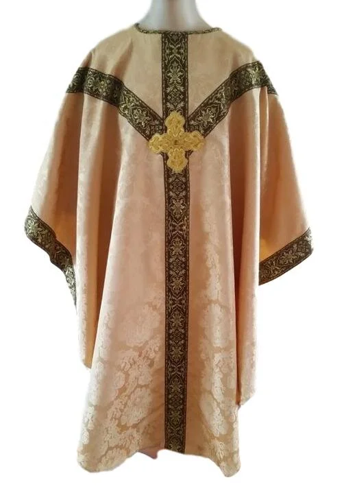CH-107 Gold Damask Chasuble with Brown Jacquard Trim and Optional Metallic Cross