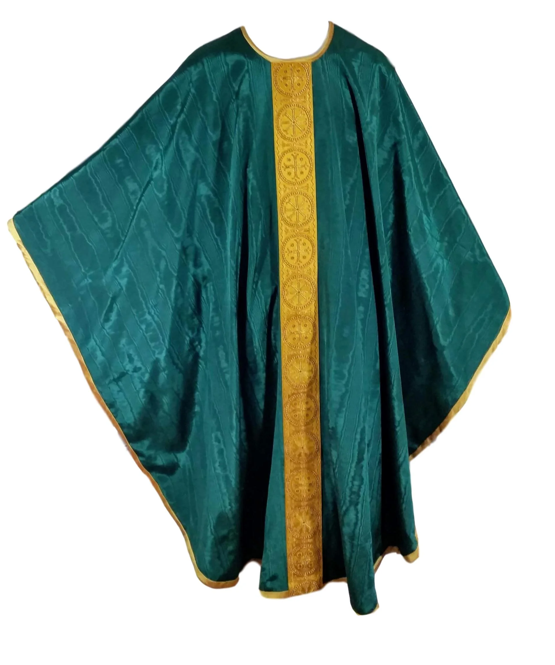 CH-R124 - Dark Green Moire Chasuble with 3.25" Gold & Dark Red Galloon Banding