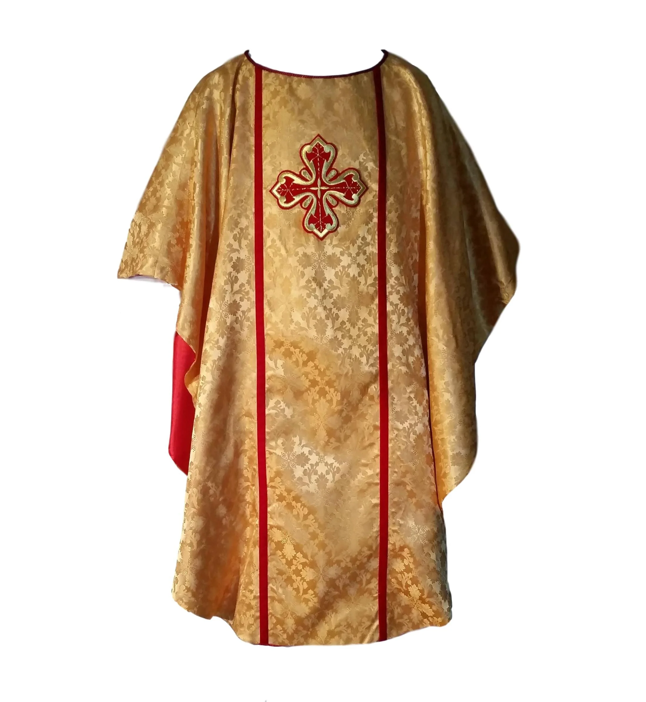 CH-Q133 Gold Cross Patterned Brocade Chasuble w Two 7" Red and Gold Crosses Red Velvet Trim