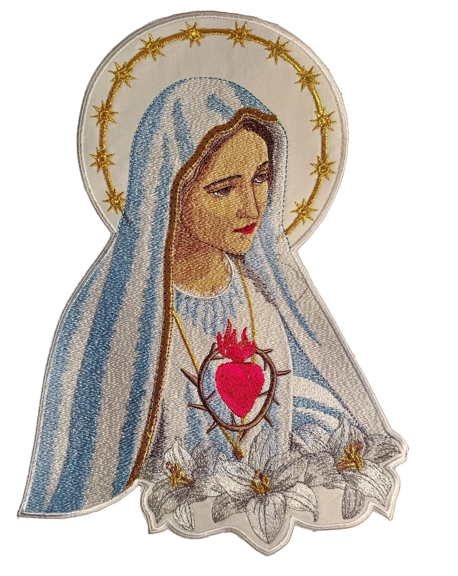 Mother Mary Embroidered Applique with Sacred Heart & Lilies