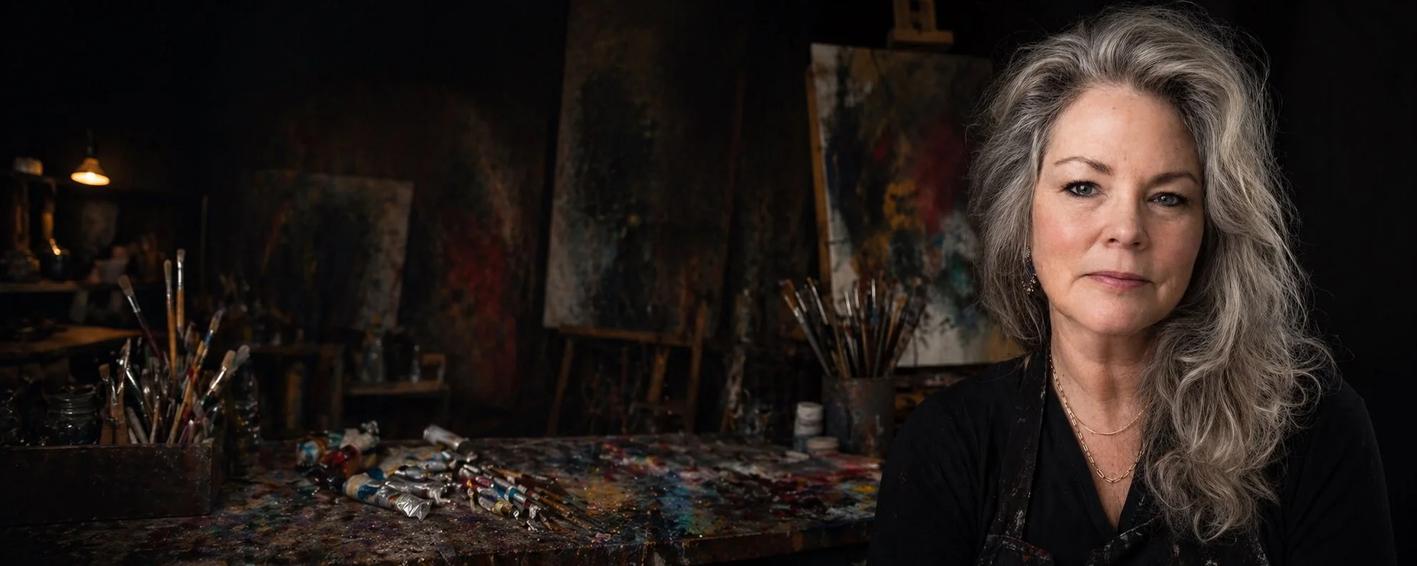A woman with long gray hair in an art studio, surrounded by paint tubes, brushes, and abstract paintings.